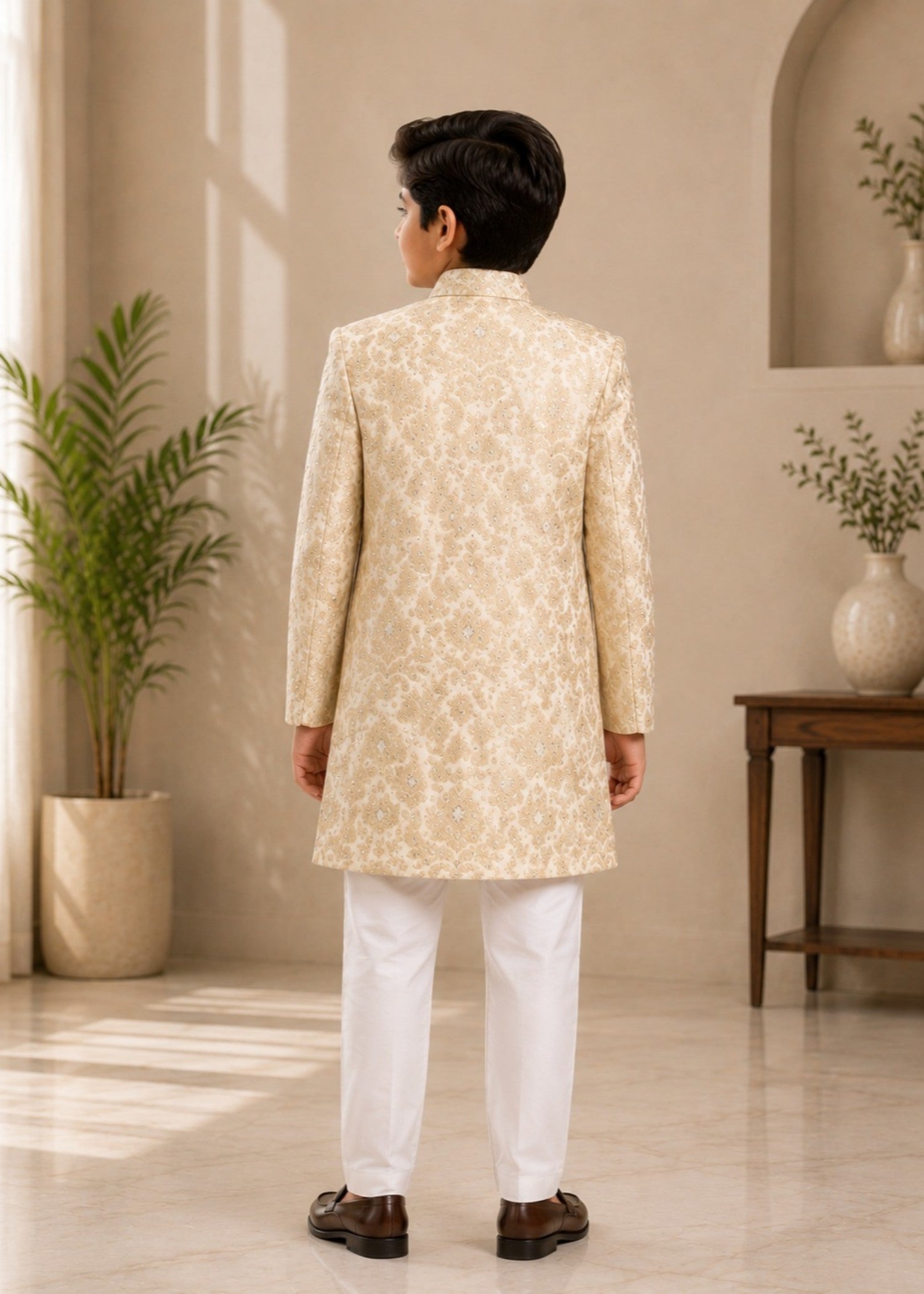 raw silk Sherwani in Cream, goldenrod