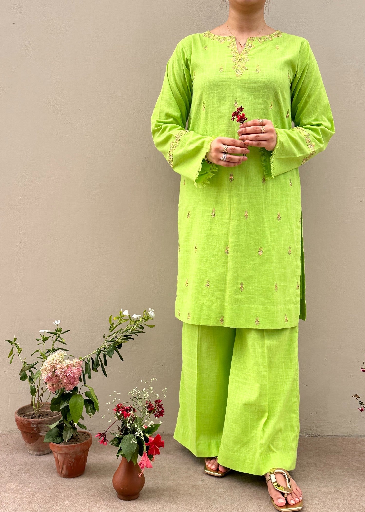 slub lawn Kurta Set in Neon green