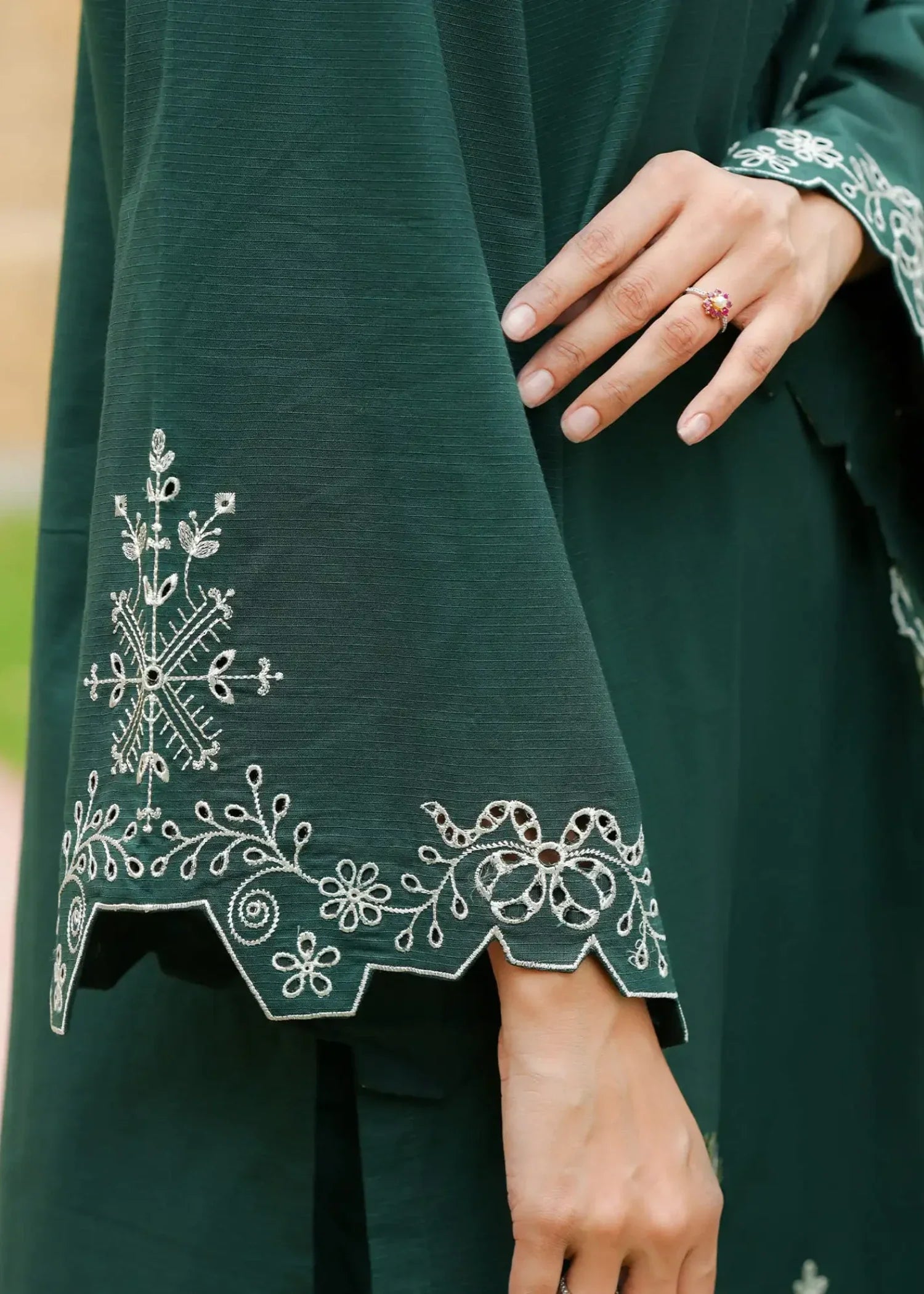 textured lawn Kurta Set in Dark green
