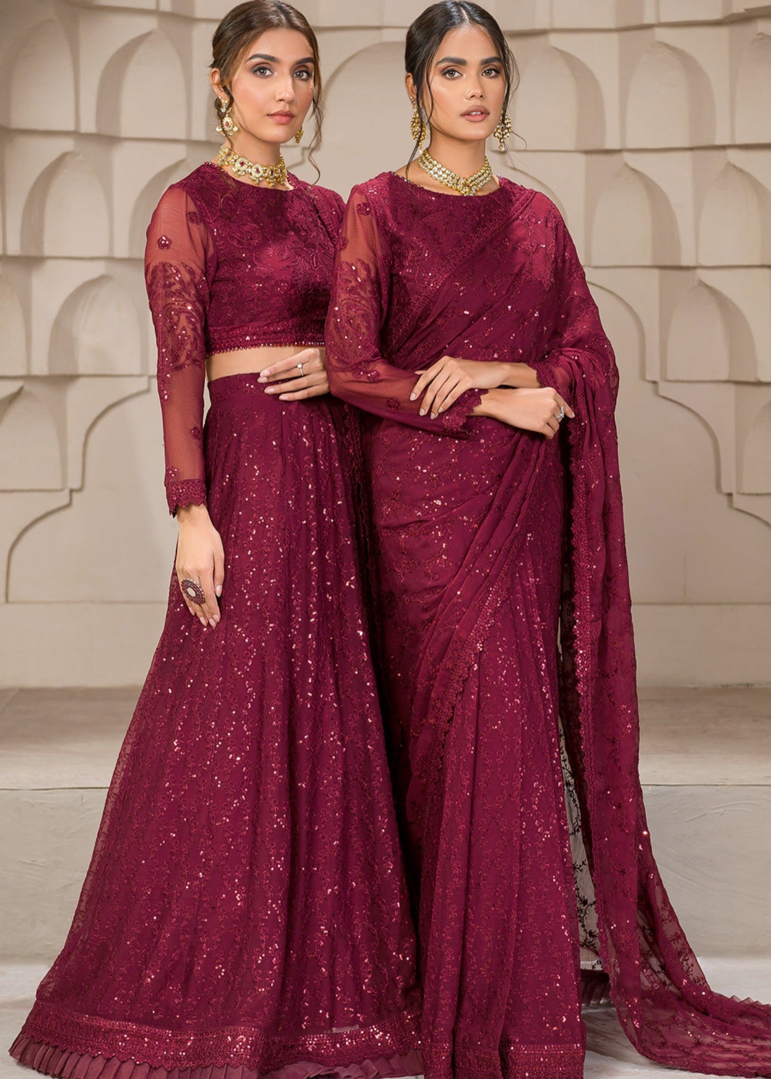chiffon Lehenga in Cherry red