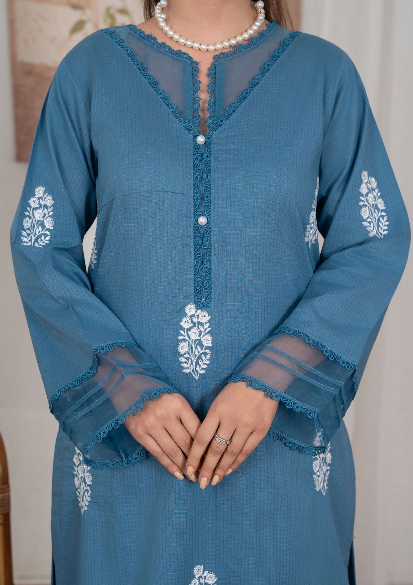 textured lawn Kurta Set in Pacific blue