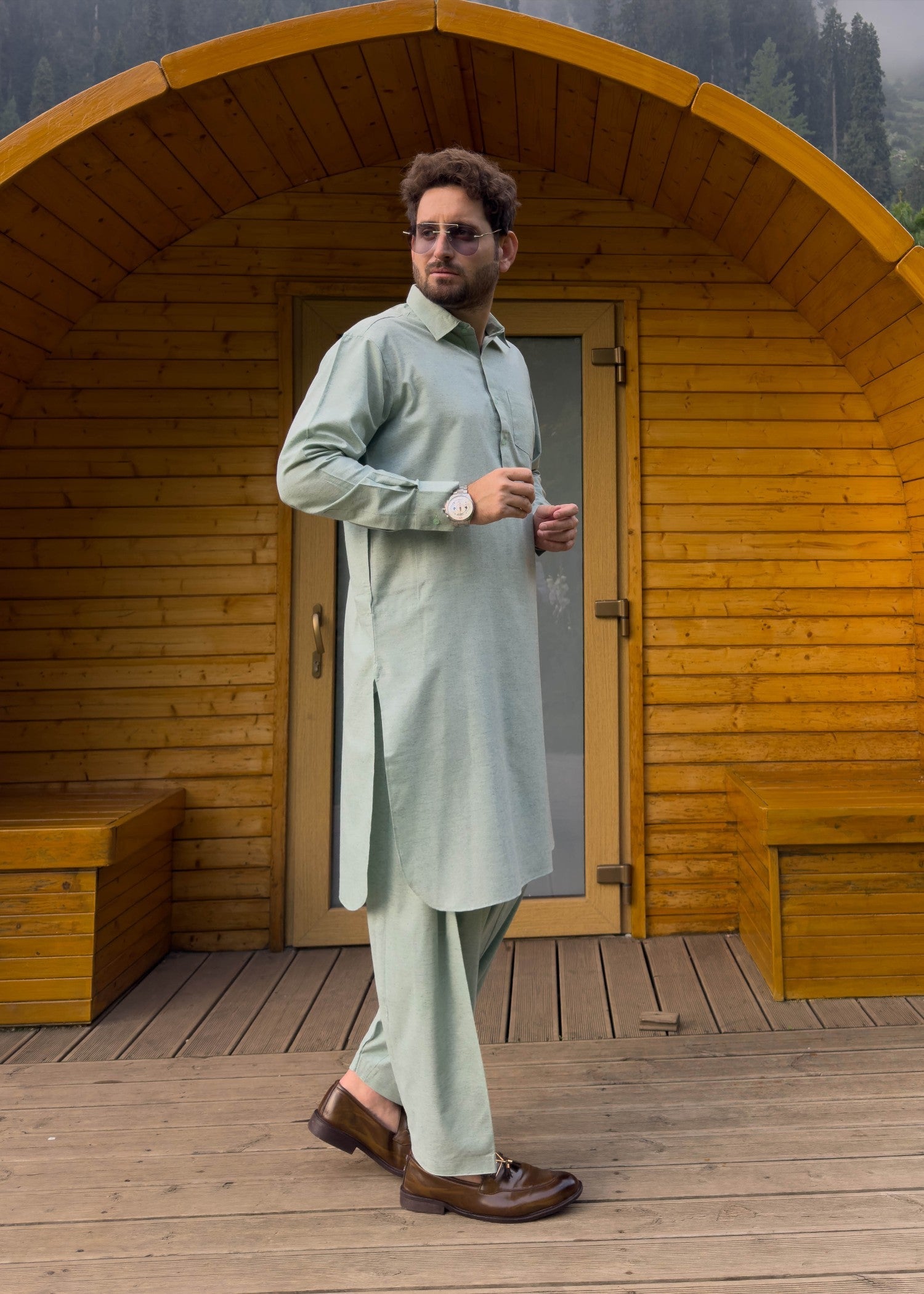blended karandi Shalwar Kameez in Pistachio green