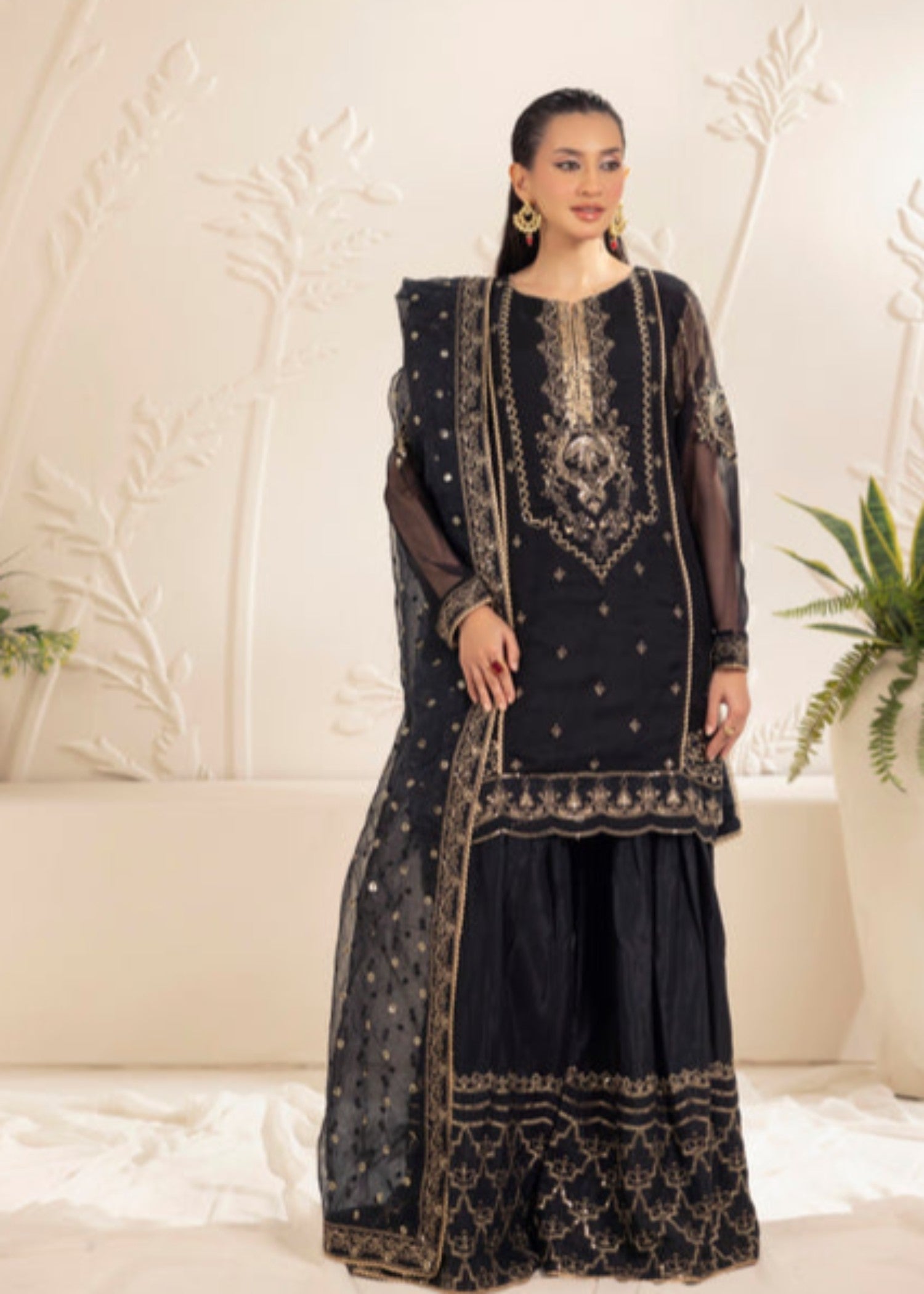 bemberg crinkle chiffon Gharara in Jet black