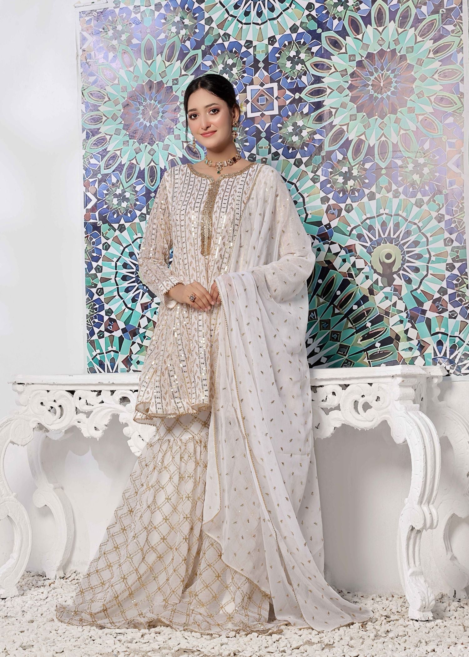 chiffon Gharara in White