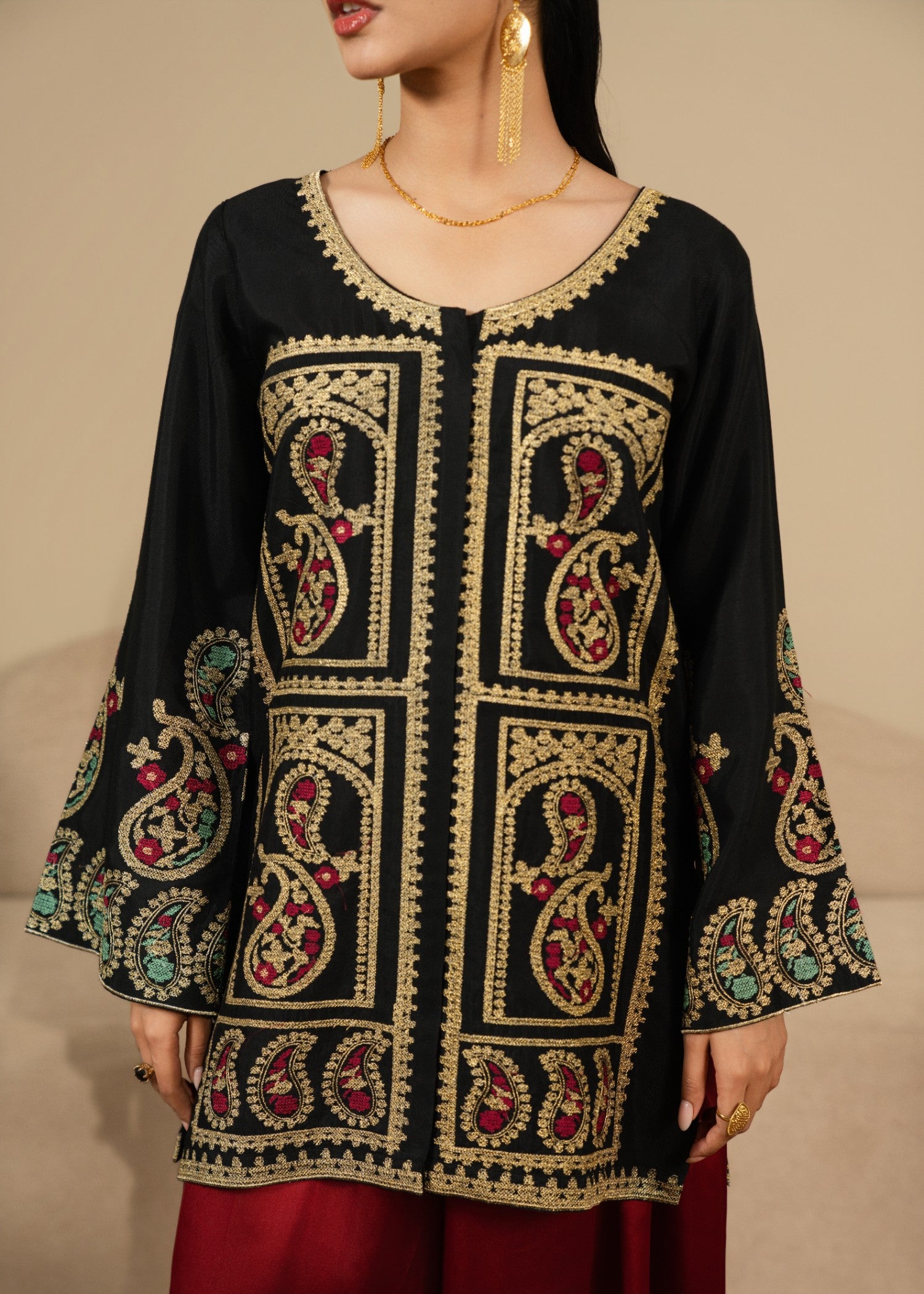 silk Kurta Set in Black, maroon