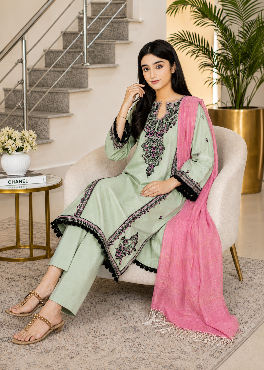 lawn cotton Unstitched in Moss green