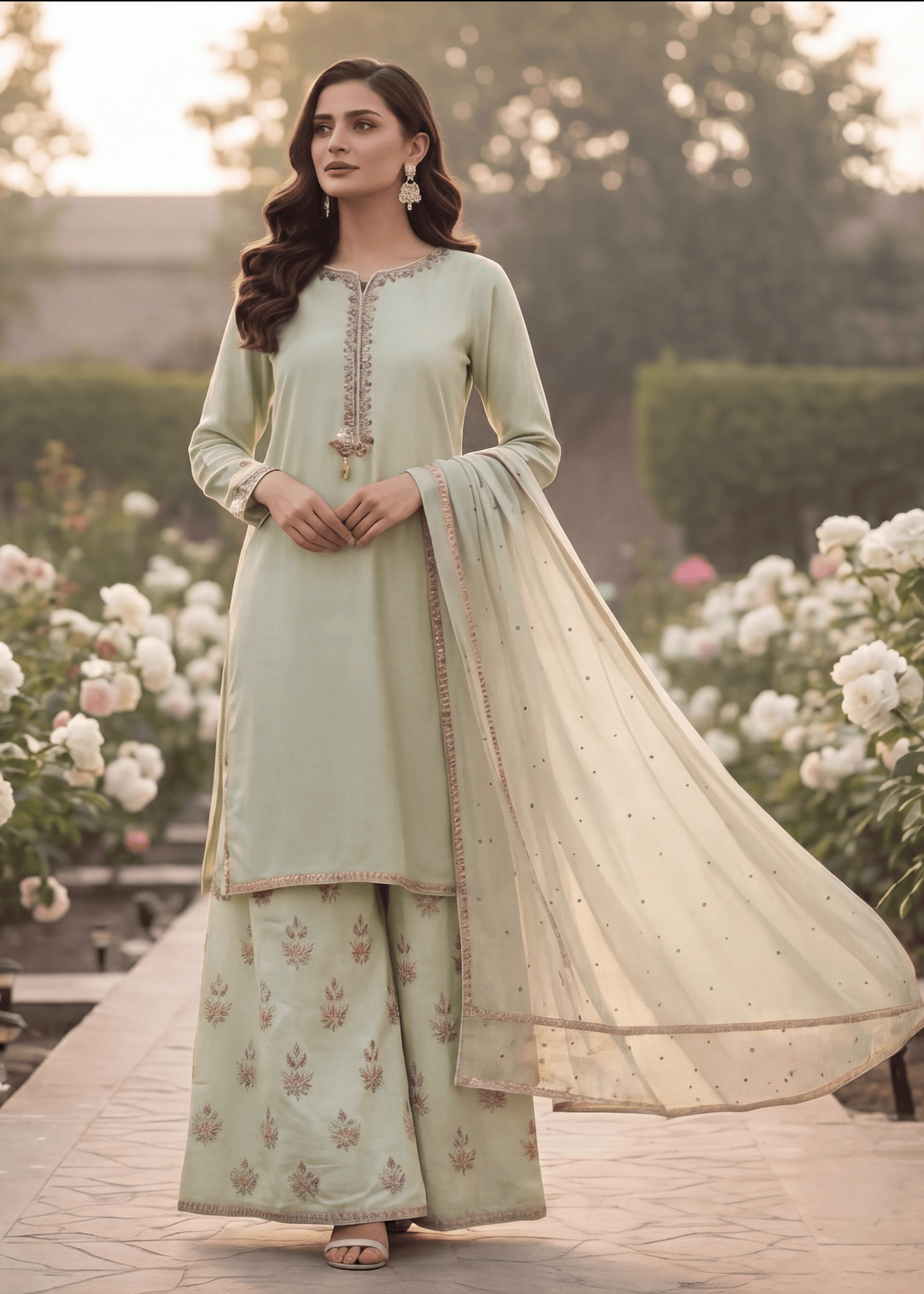 silk Kurta Set in Moss green