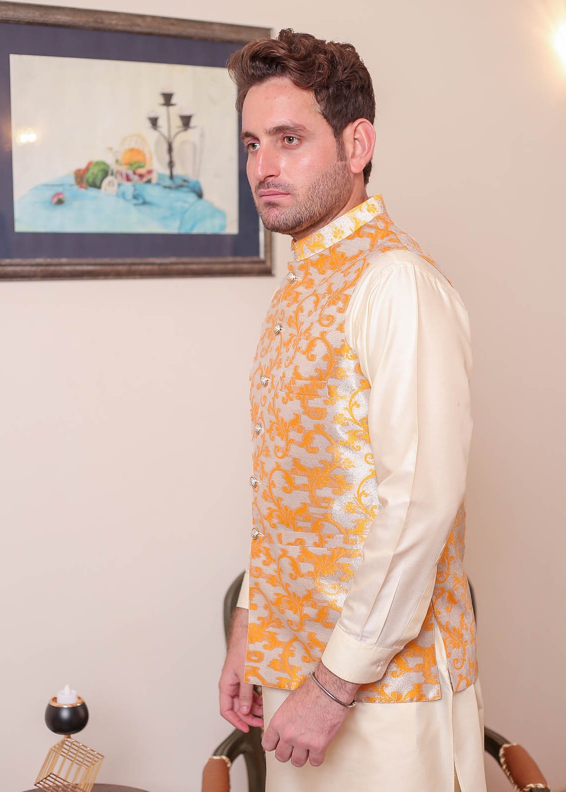 banarsi silk Waistcoat in Yellow