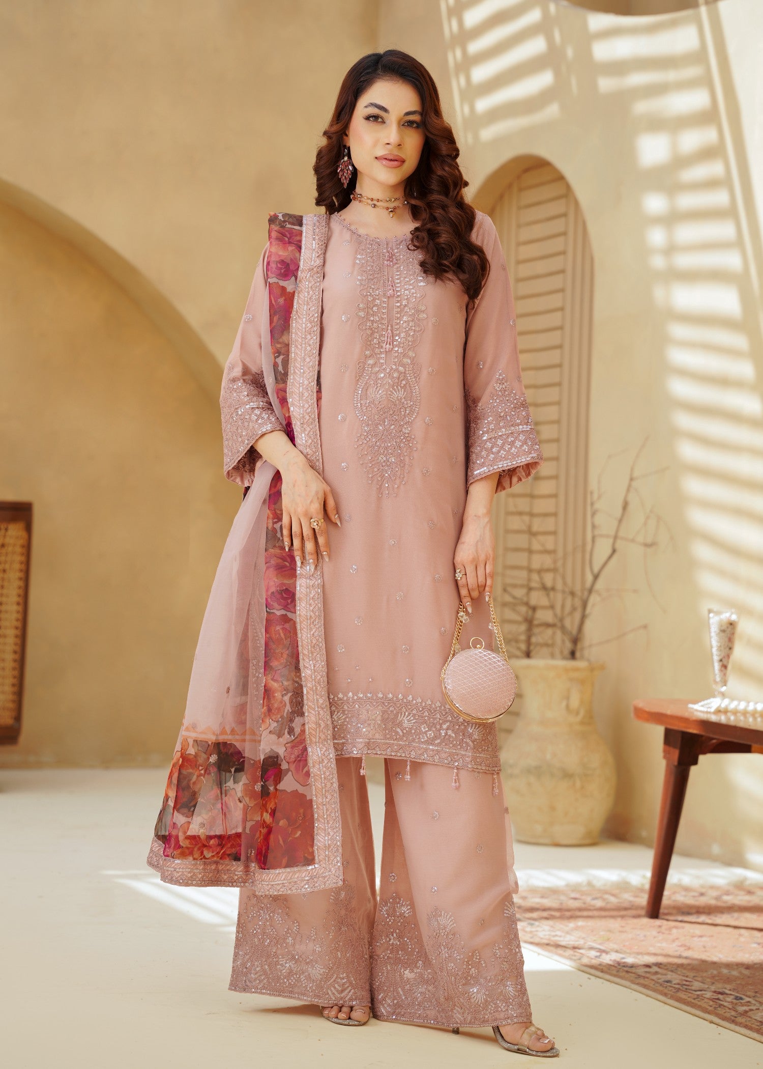 chiffon Kurta Set in Pastel pink