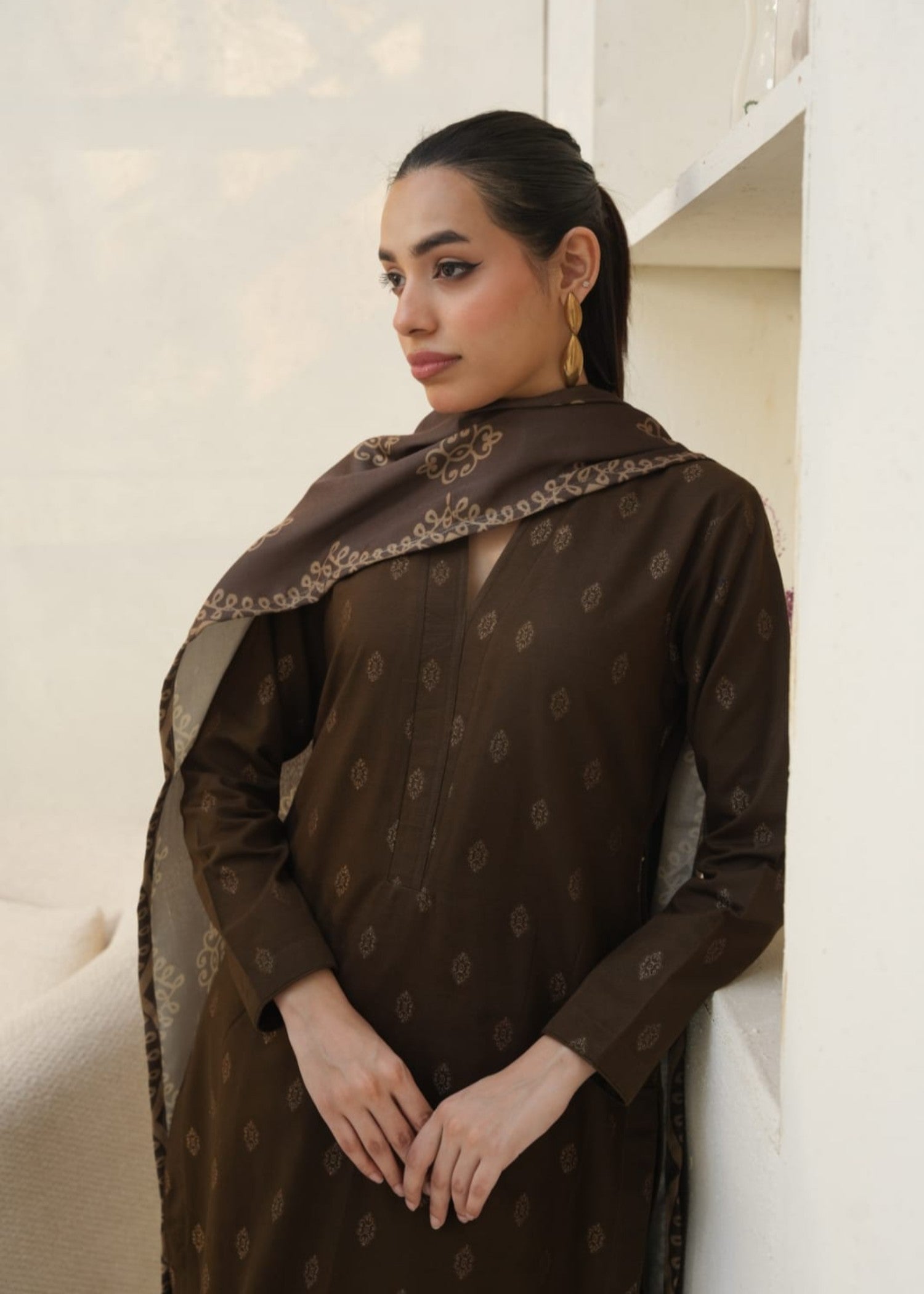 khaddar Kurta Set in Walnut brown