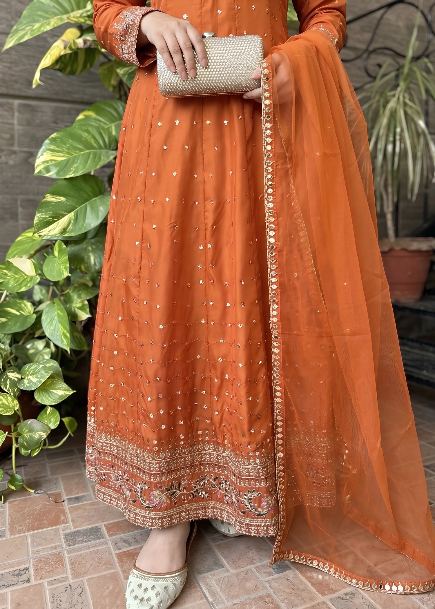 silk Pishwas in Rust orange