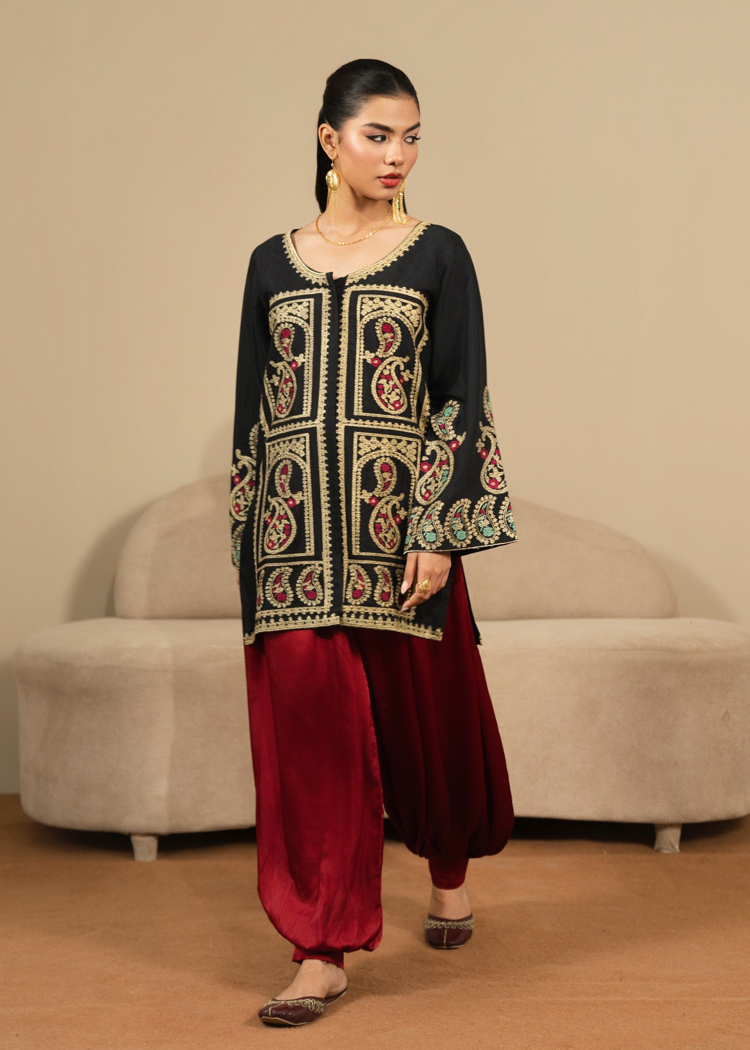 silk Kurta Set in Black, maroon
