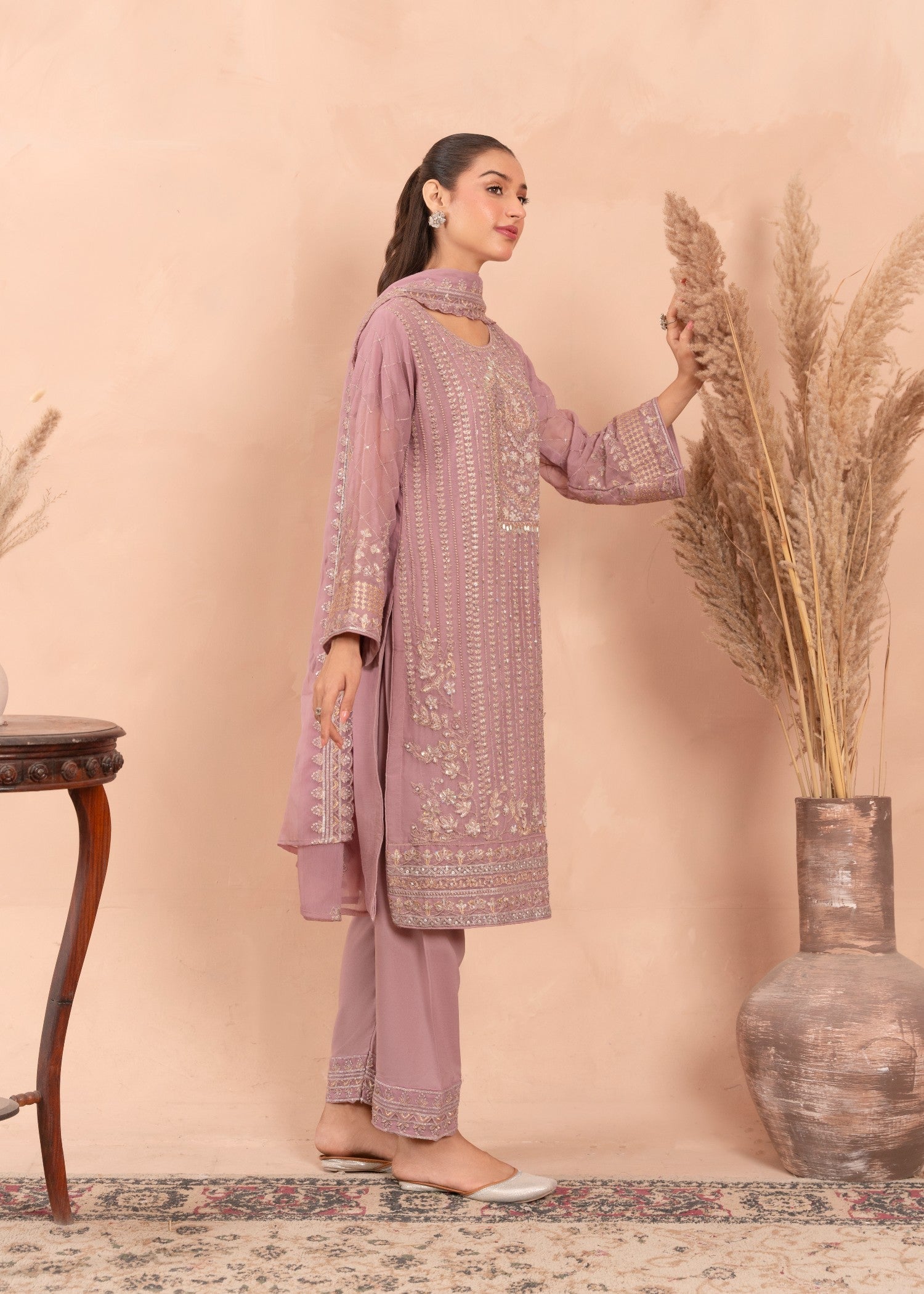 chiffon Kurta Set in Mauve pink