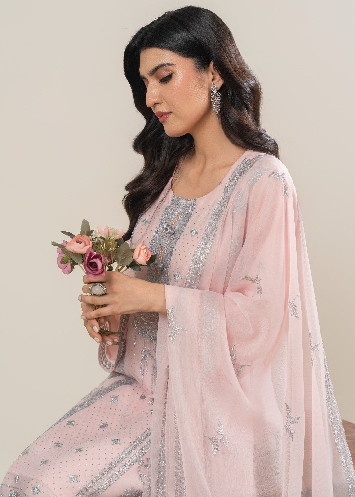 chiffon Kurta Set in Pale pink