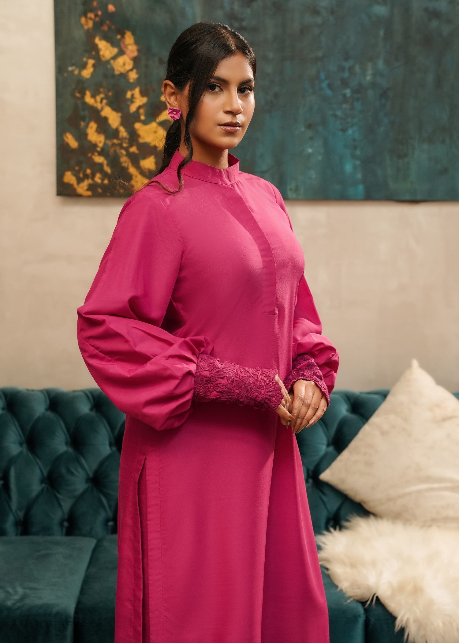 korean raw silk Kurta Set in Deep pink