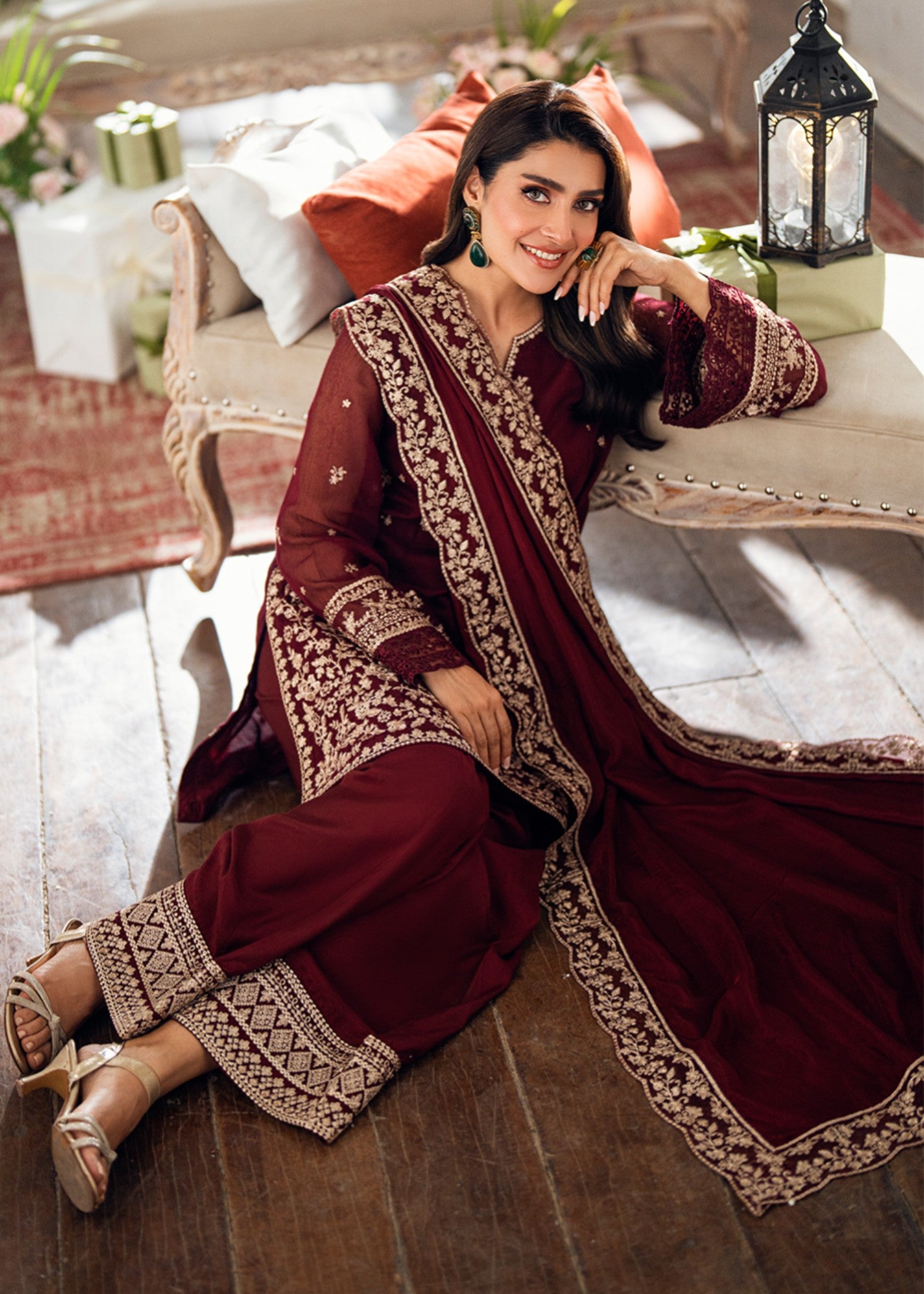 khaddi net shabnam zari Unstitched in Burgundy