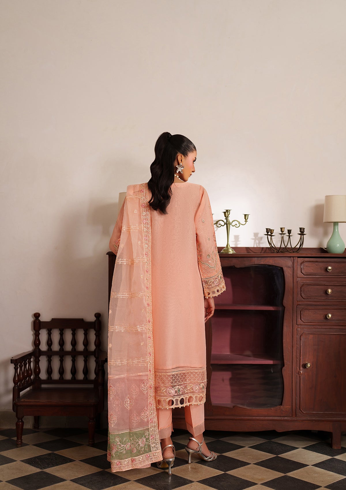organza Kurta Set in Peach pink