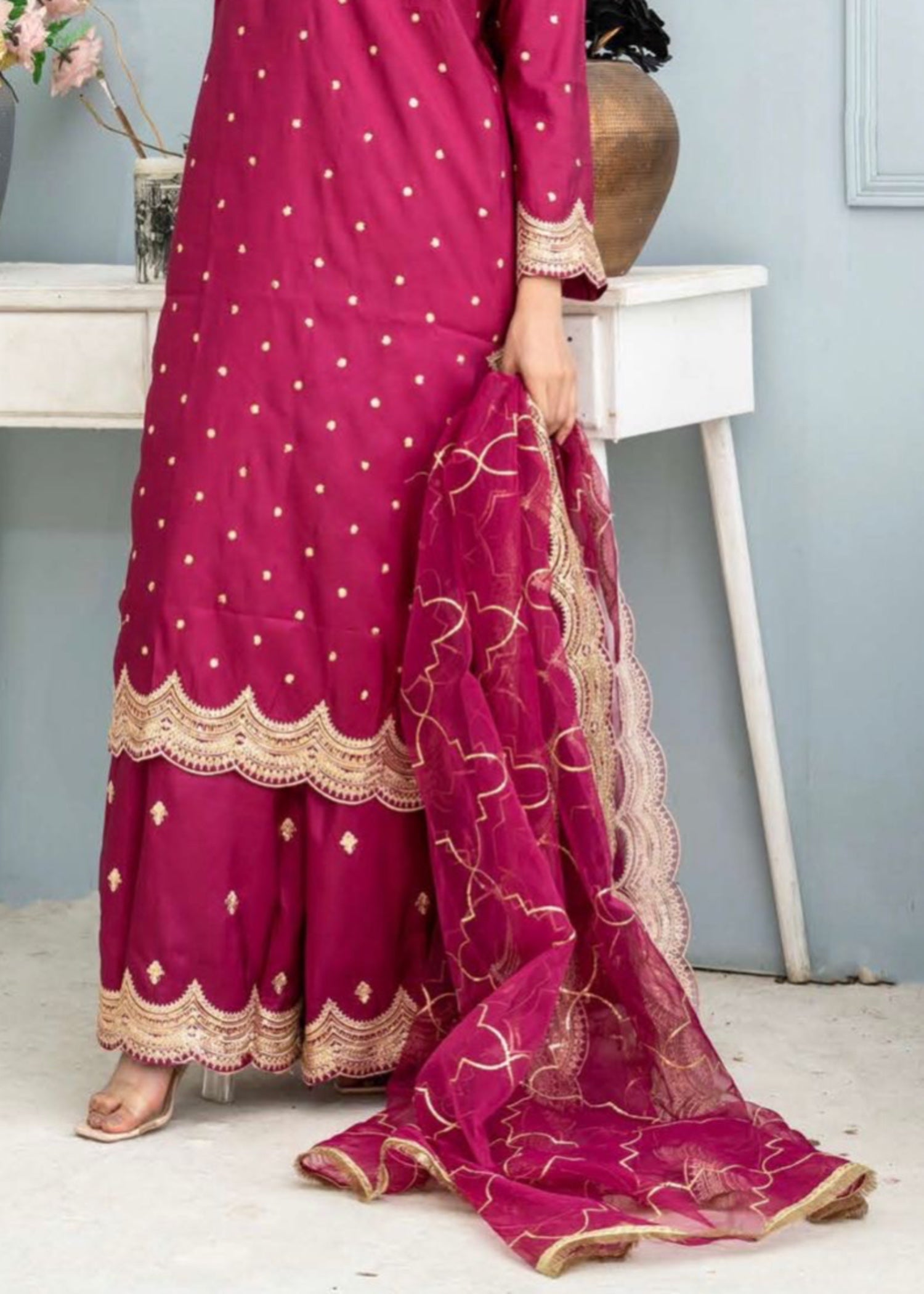kattan silk Kurta Set in Ruby red