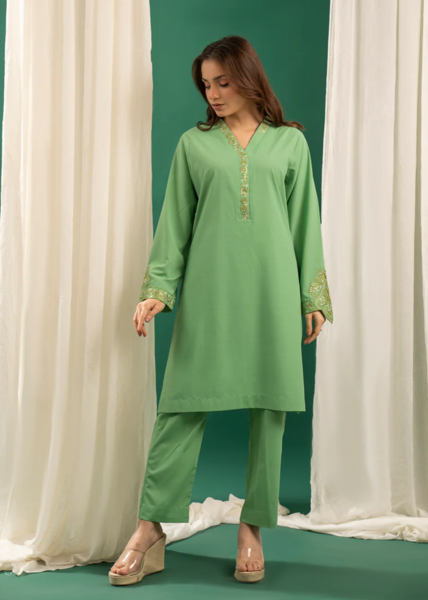 jacquard Kurta Set in Mint green