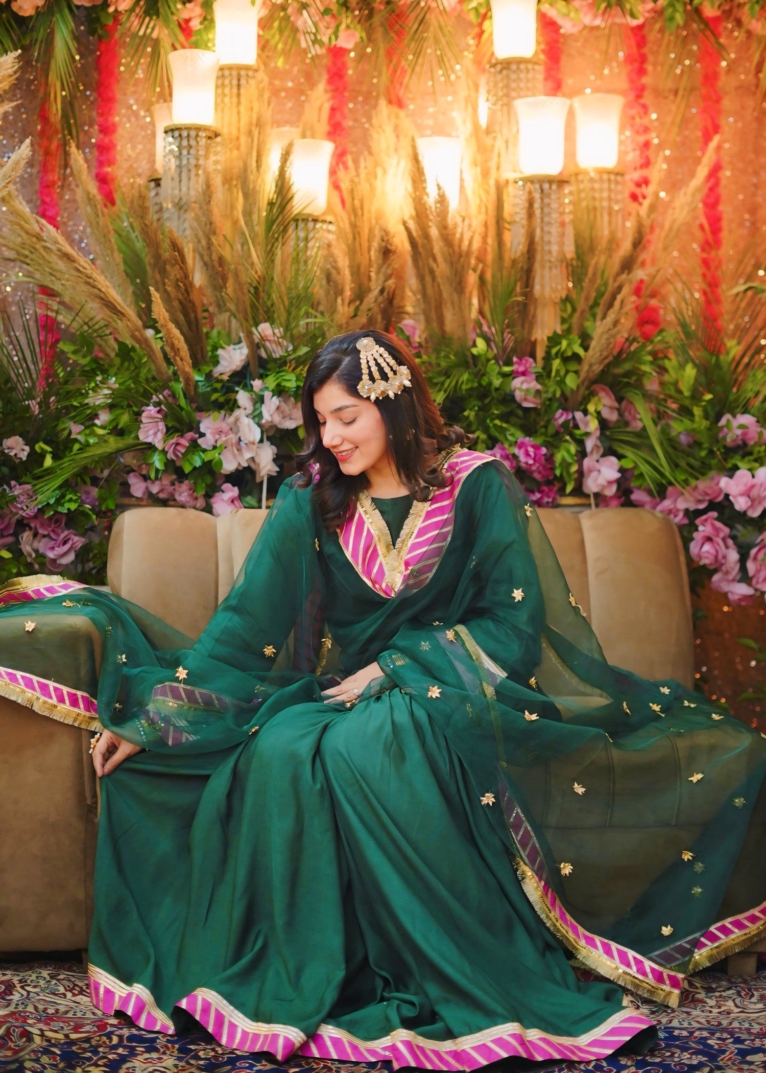 georgette silk Gharara in Bottle green