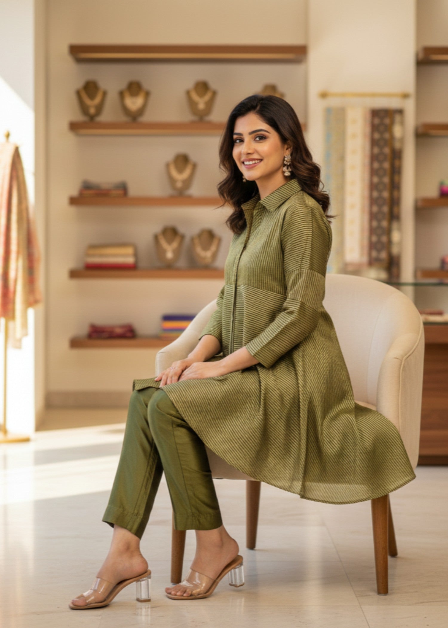 organza Short Frock in Olive green