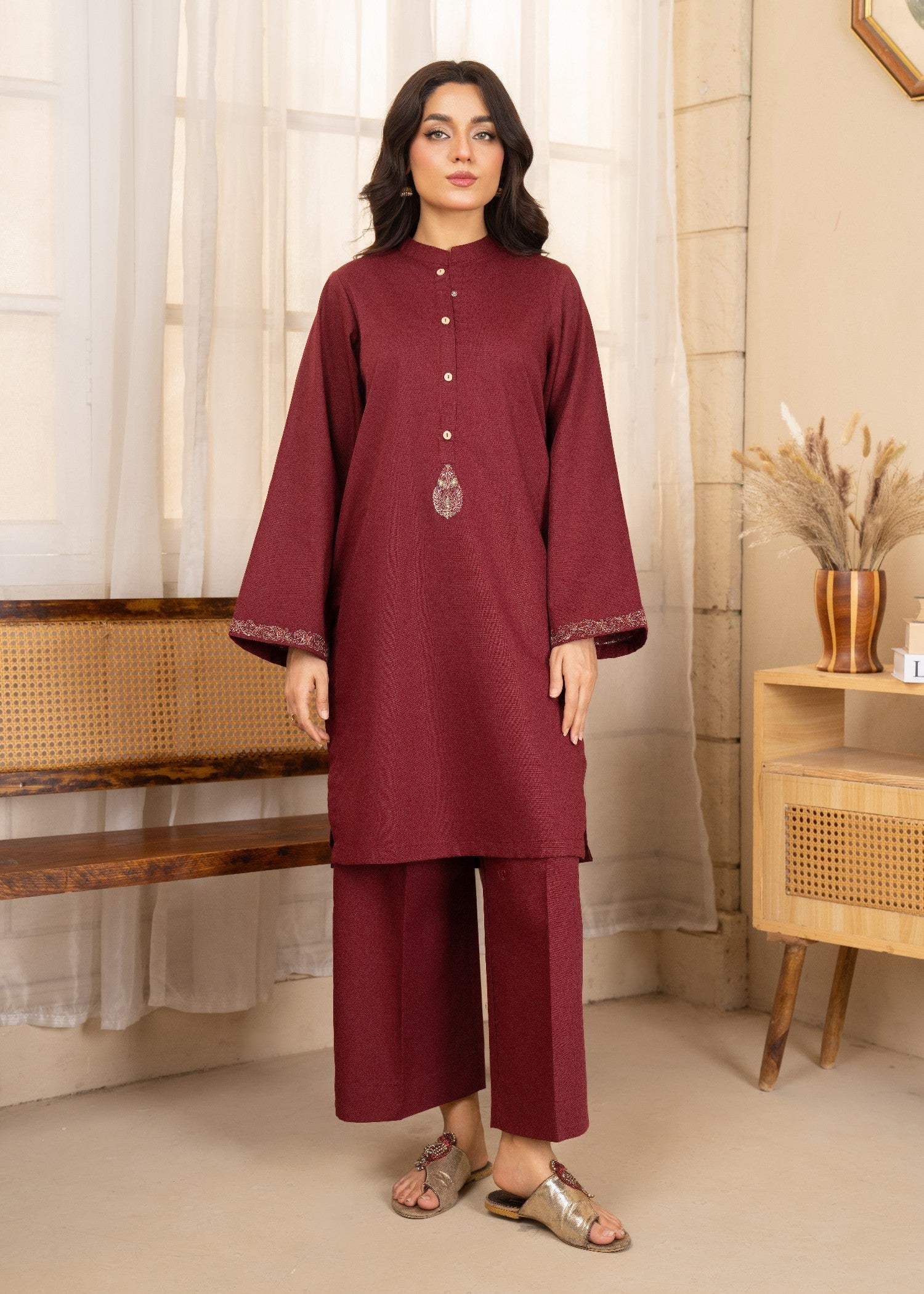 twill khaddar Kurta Set in Maroon