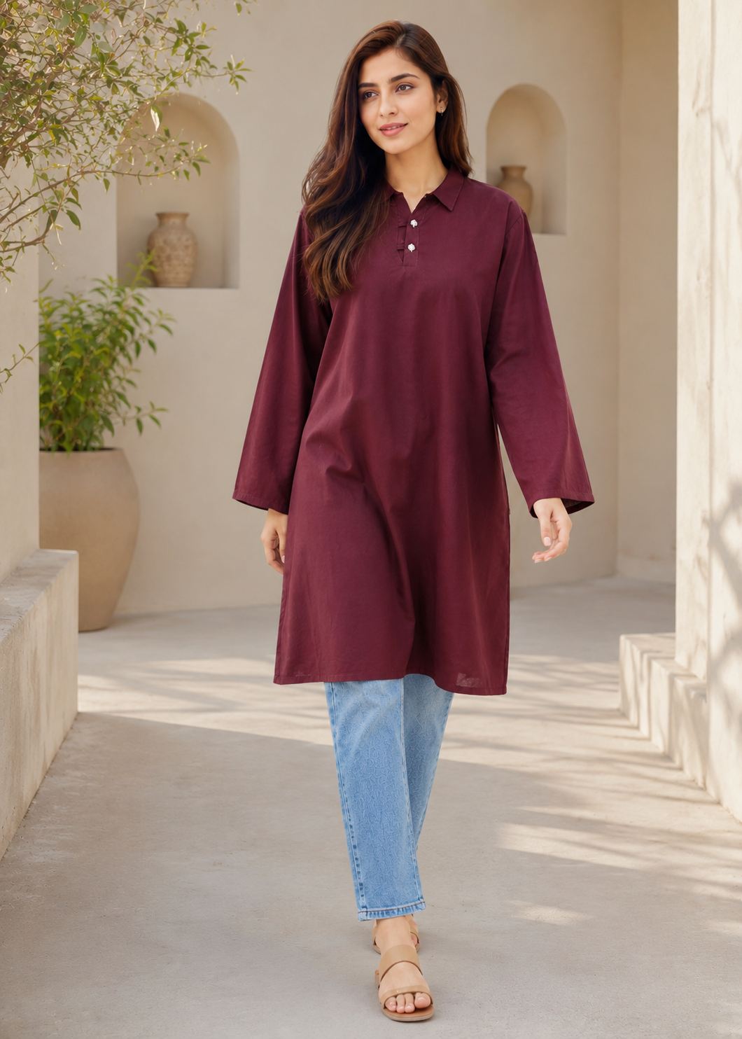 lawn Kurti in Maroon