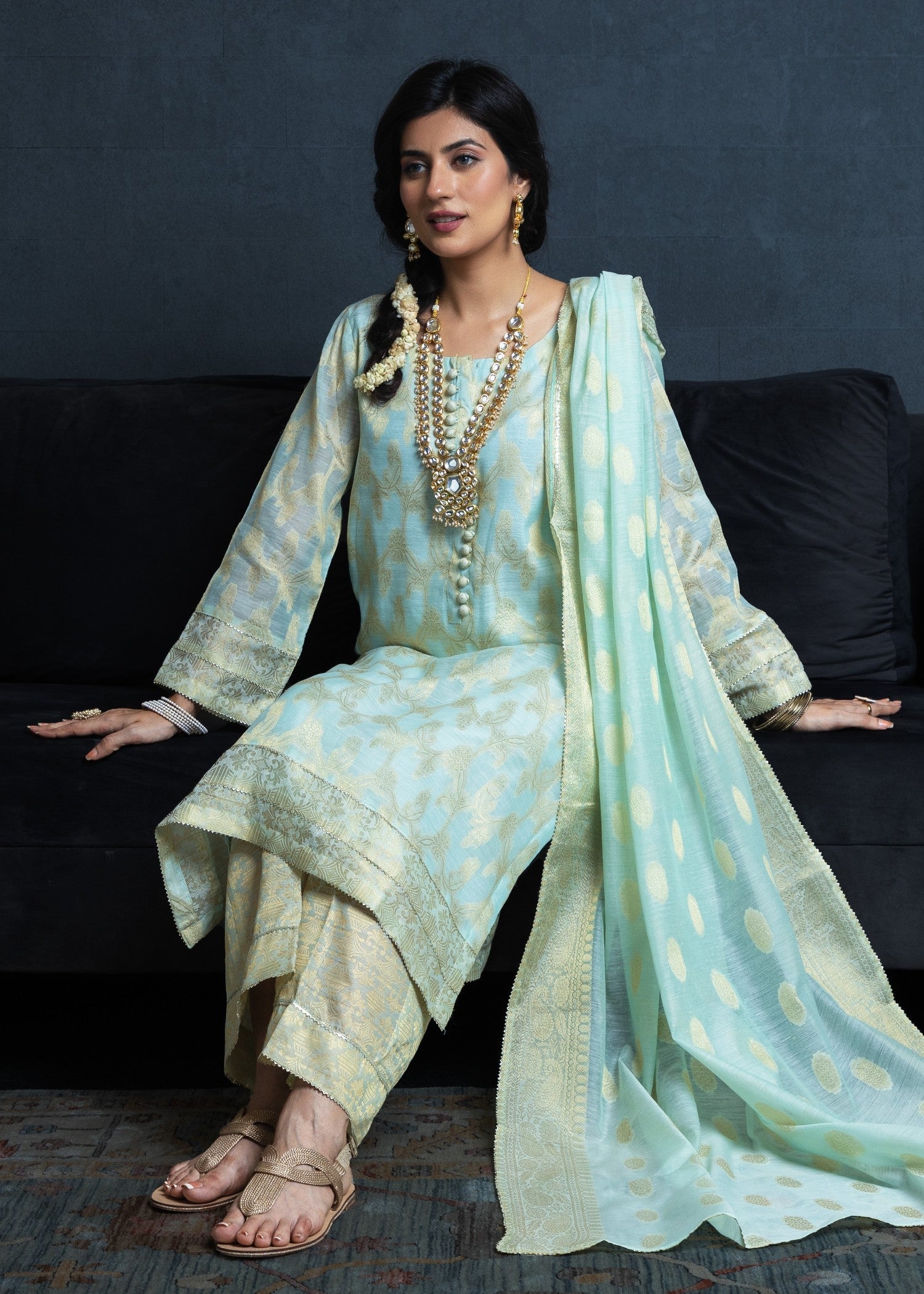 banarasi brocade Kurta Set in Aquamarine