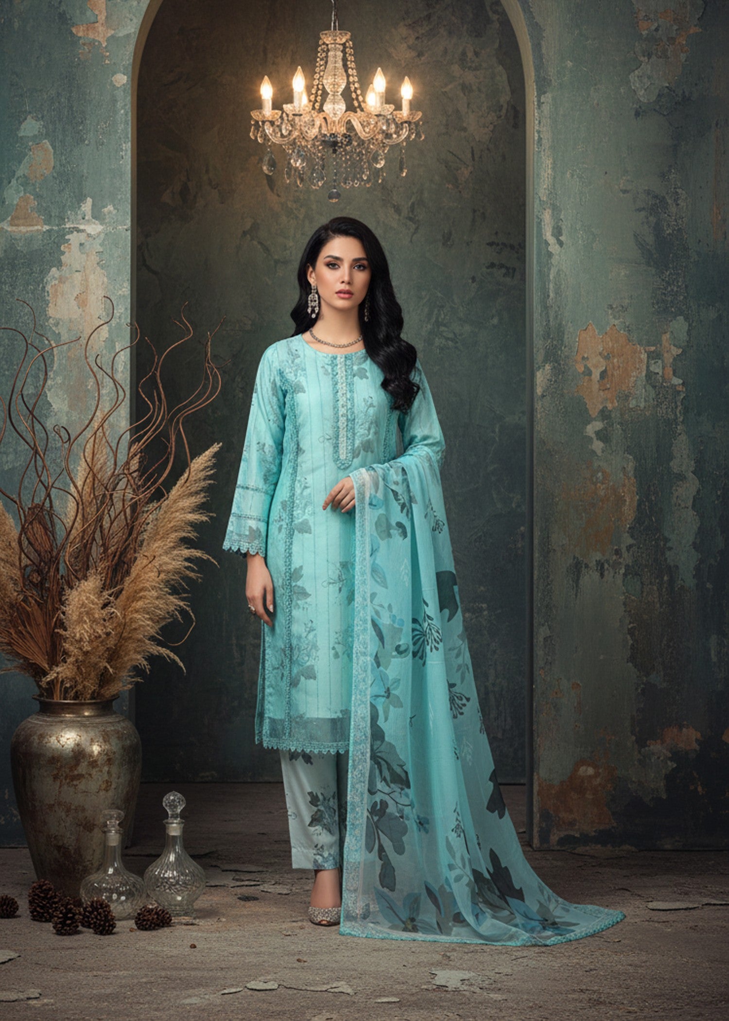 zari organza Kurta Set in Pastel green