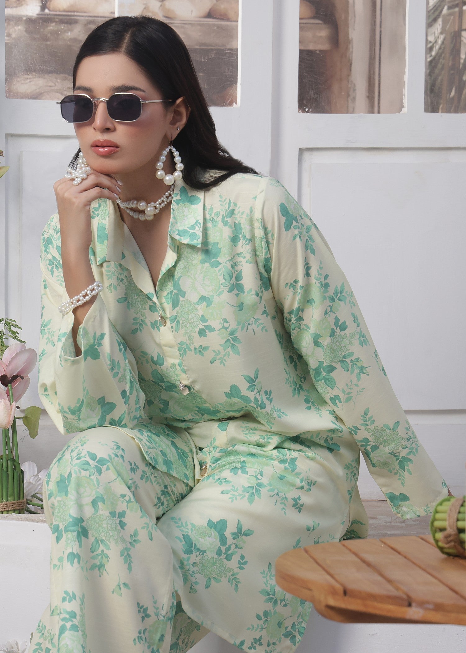 slub lawn Co Ord Sets in Moss green, light yellow