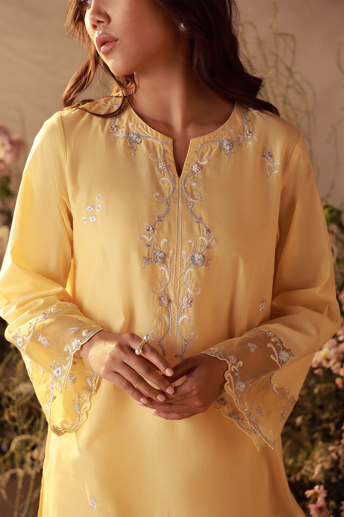 slub cambric Kurta Set in Yellow