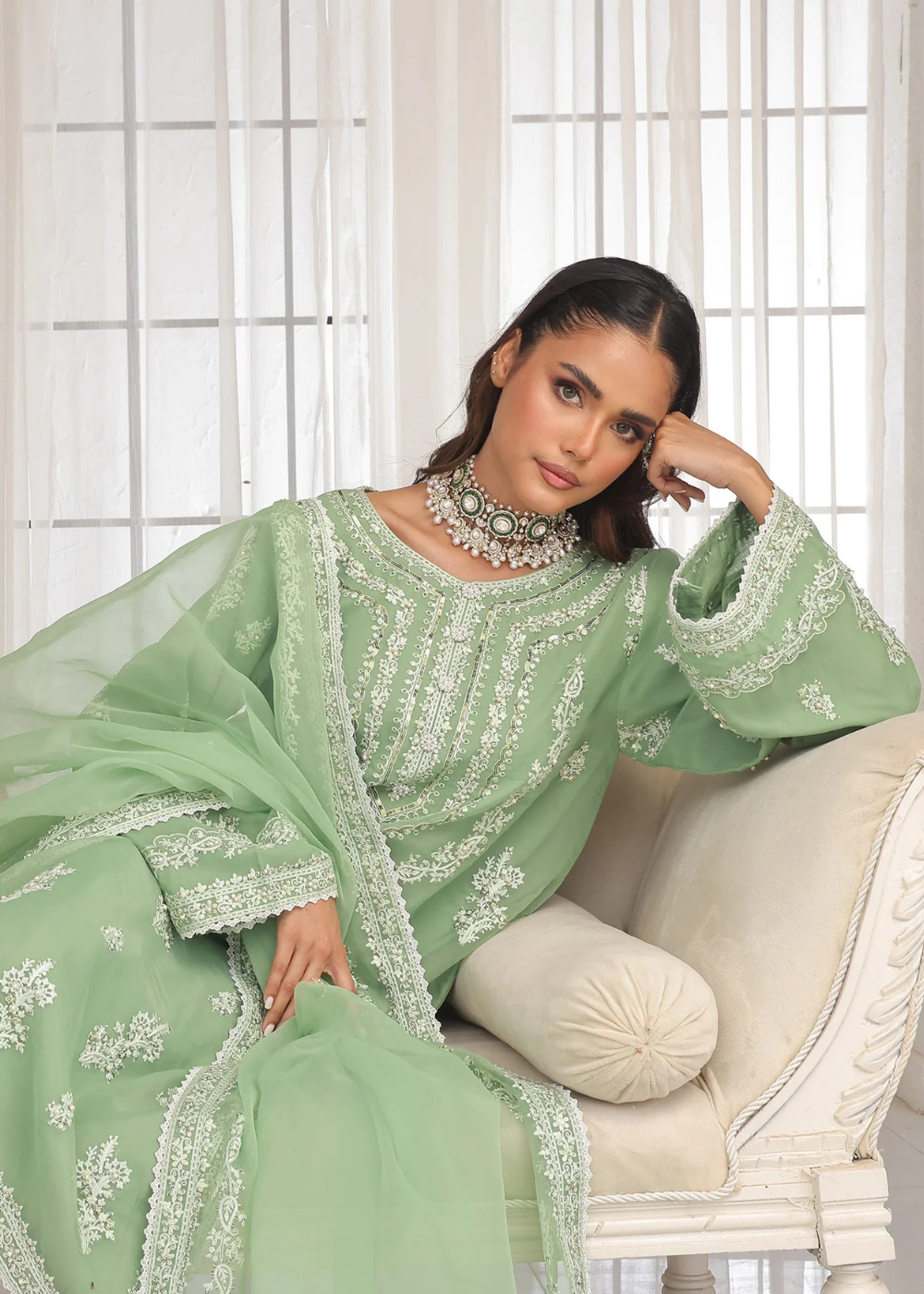 organza Kurta Set in Pistachio green
