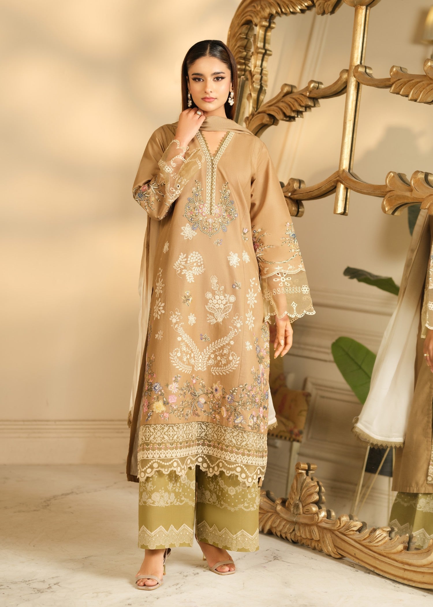 cambric cotton Kurta Set in Beige