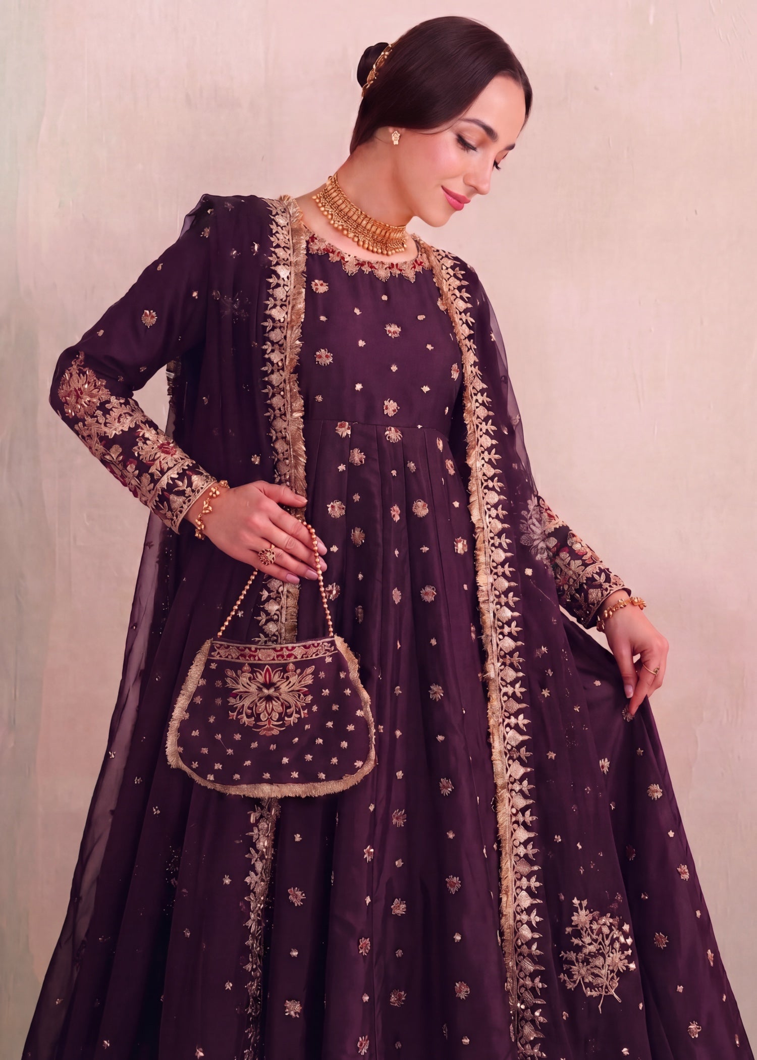 silk Pishwas in Plum purple