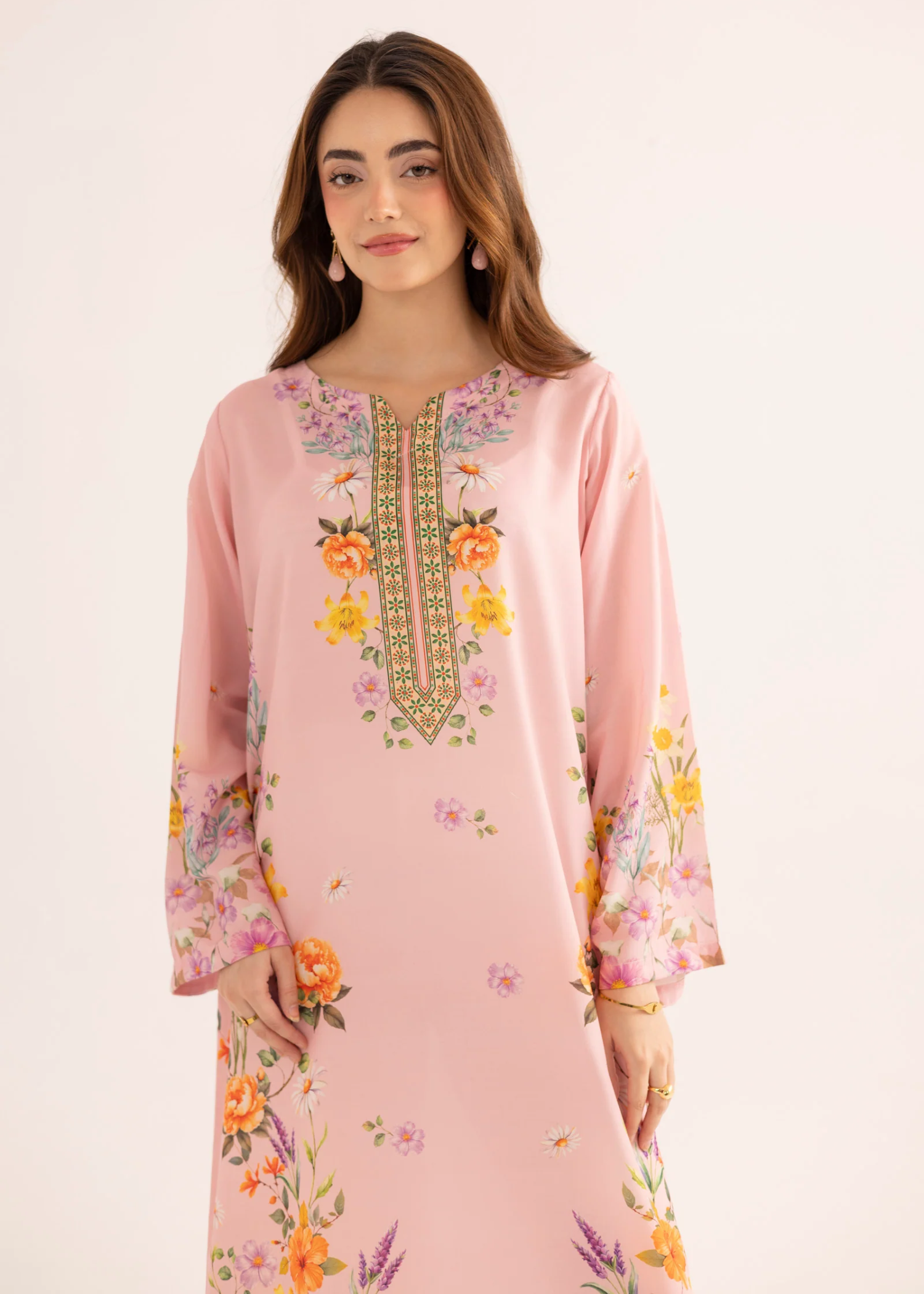 silk finish lawn Kaftan in Pink