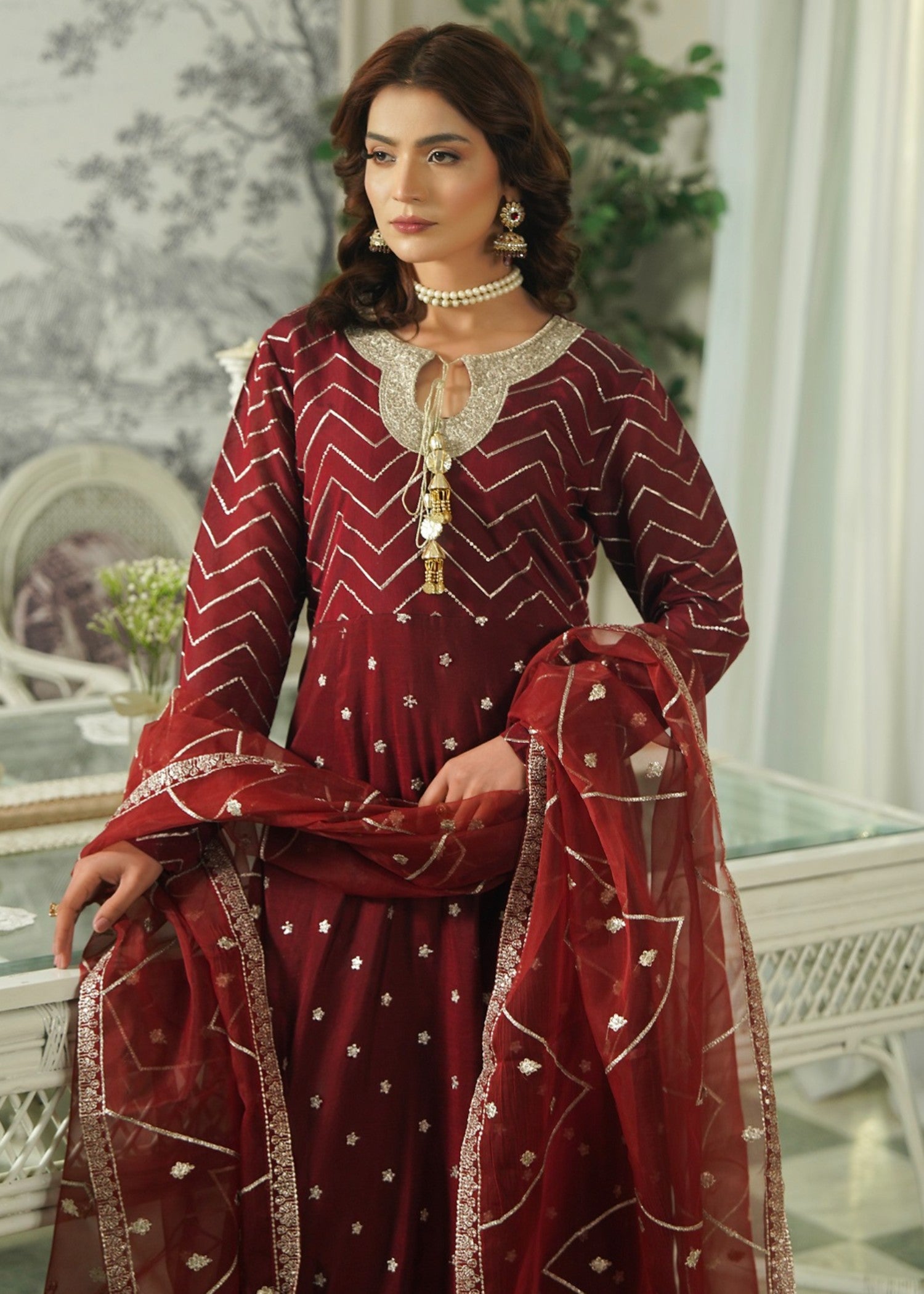 paper lawn Pishwas in Maroon