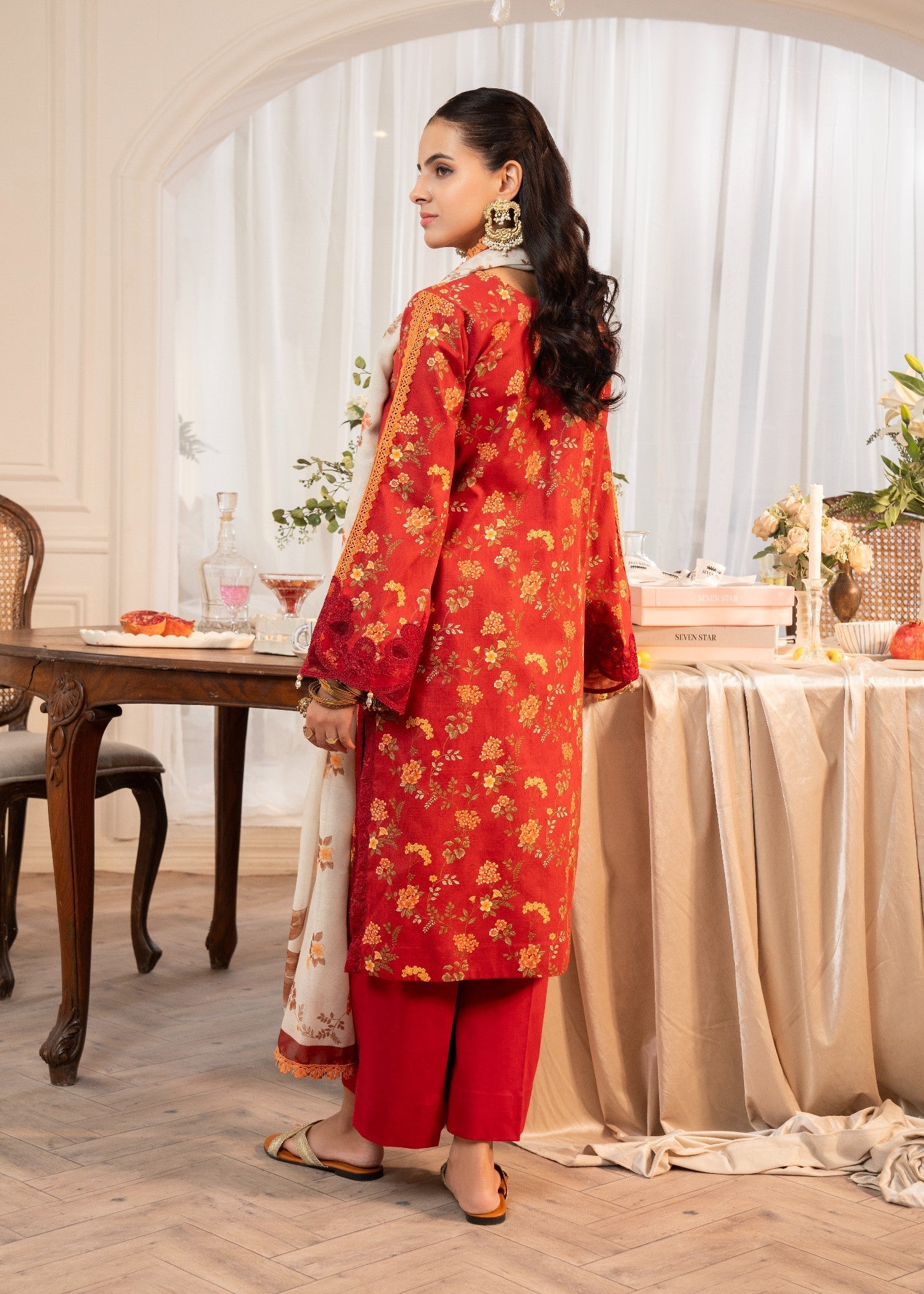 lawn cotton Kurta Set in Fire red