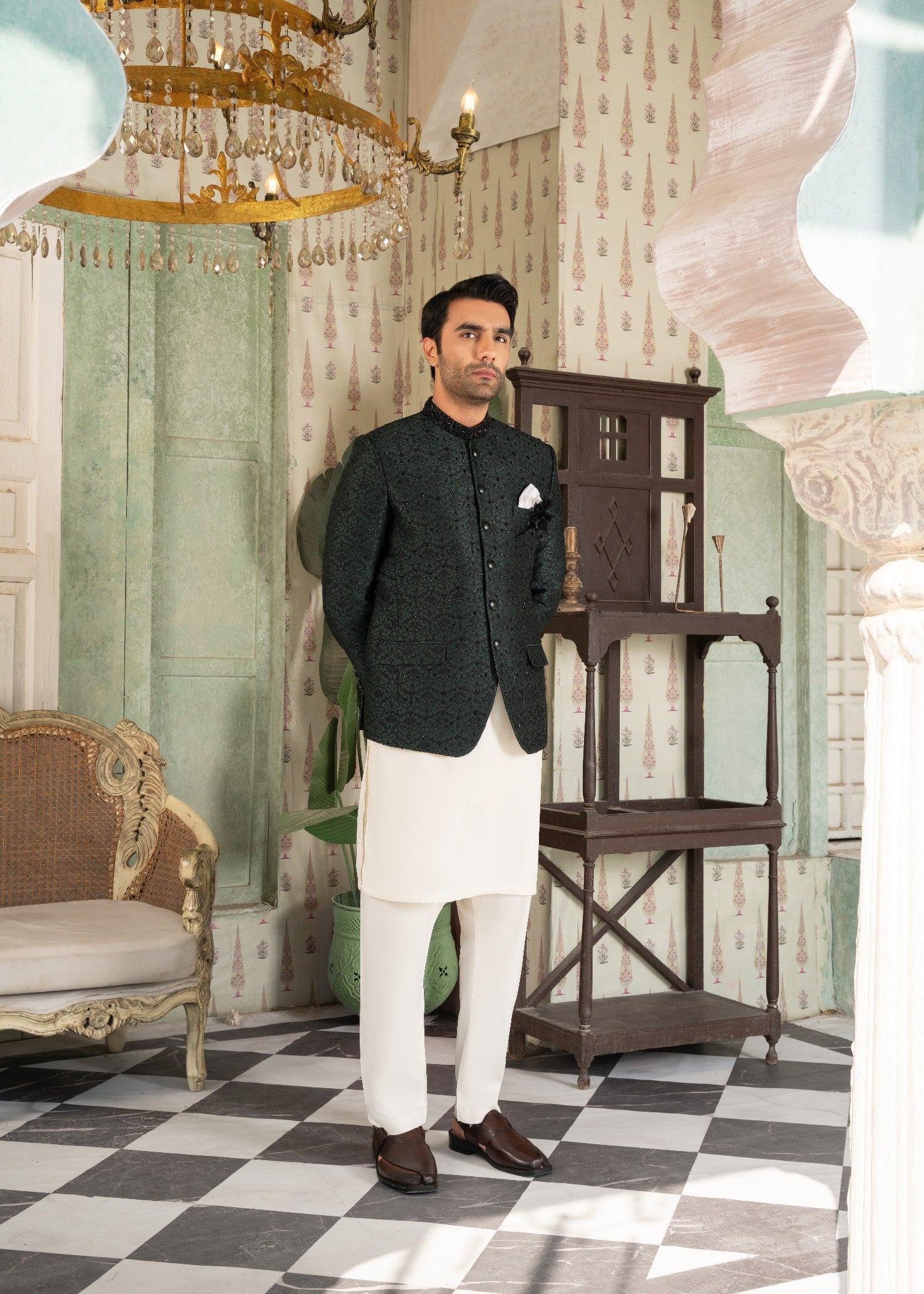 jamawar Prince Coat in Bottle green