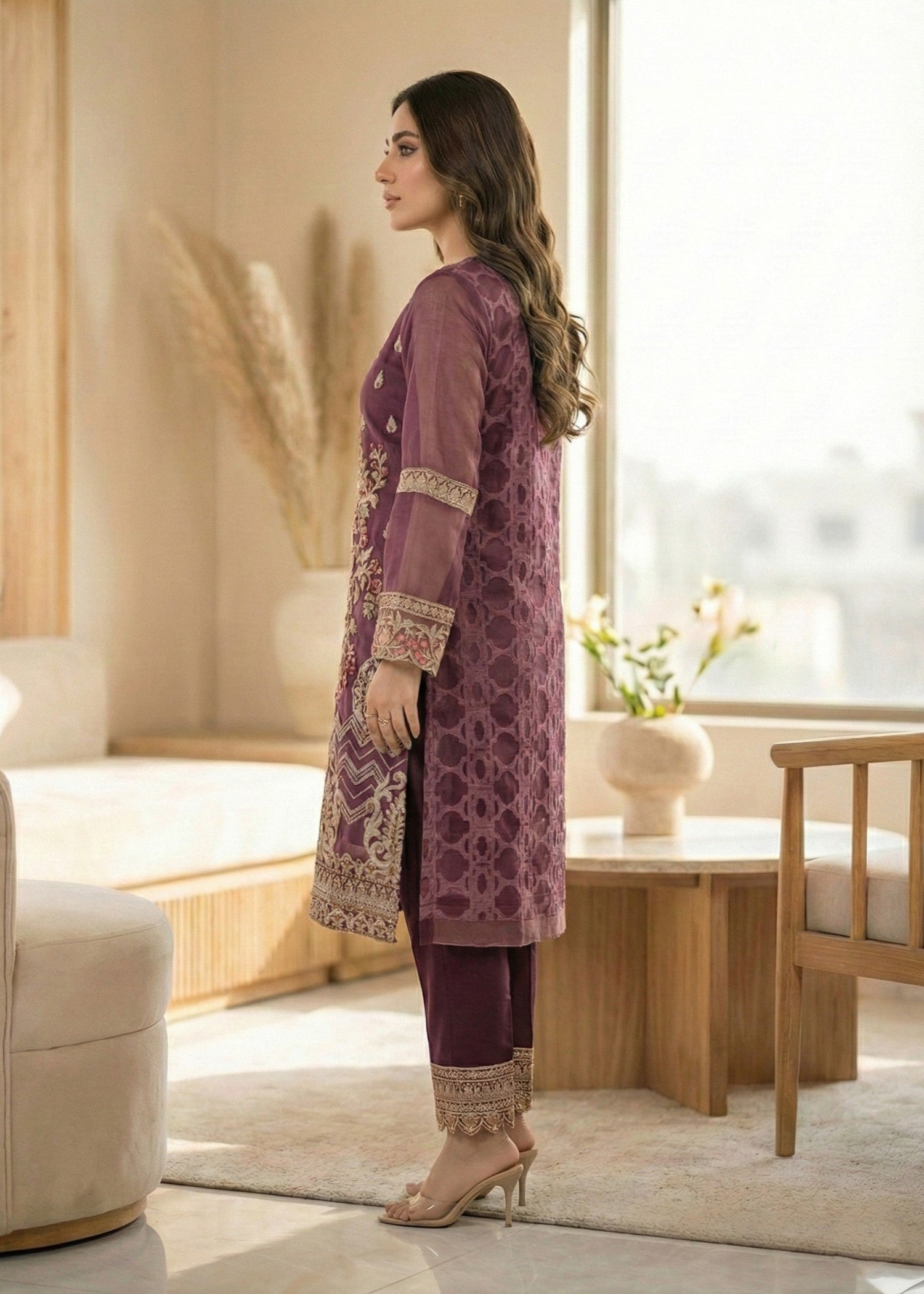 organza Kurta Set in Plum