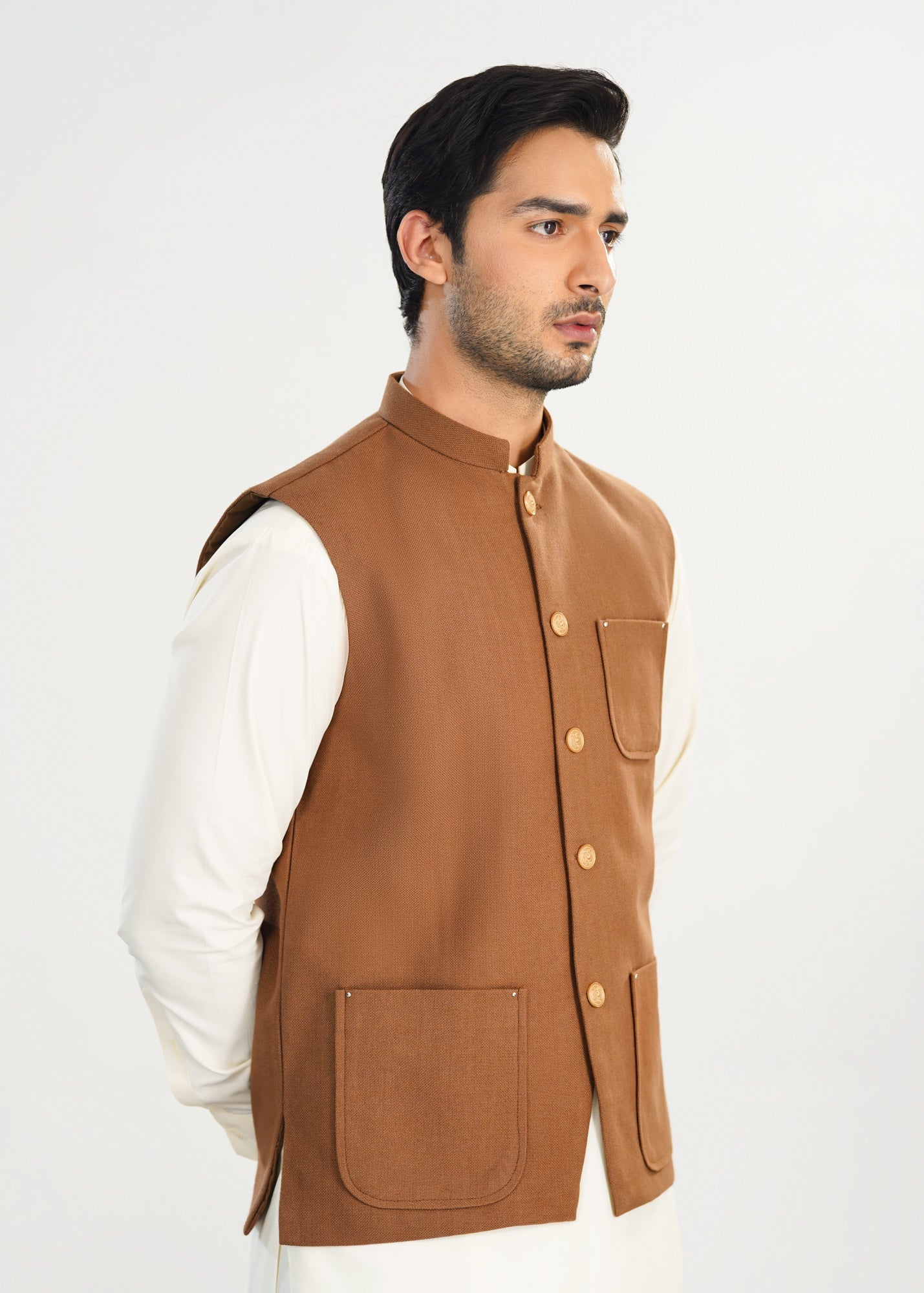 handwoven khaddar Waistcoat in Off-white, camel brown