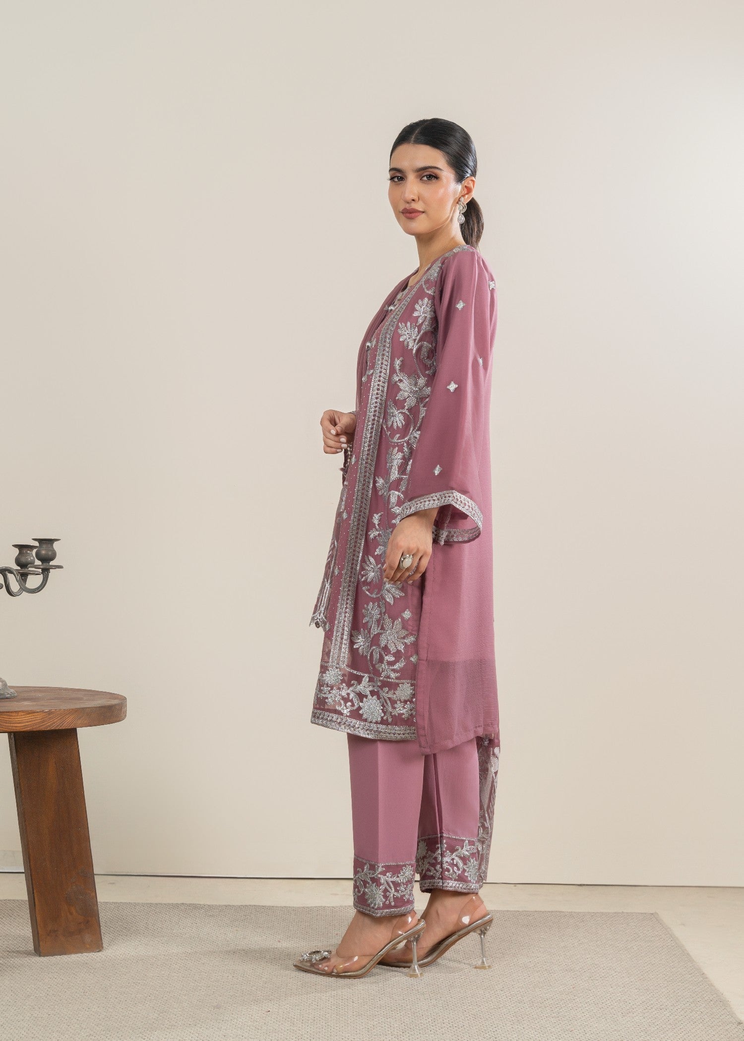 chiffon Kurta Set in Mauve pink