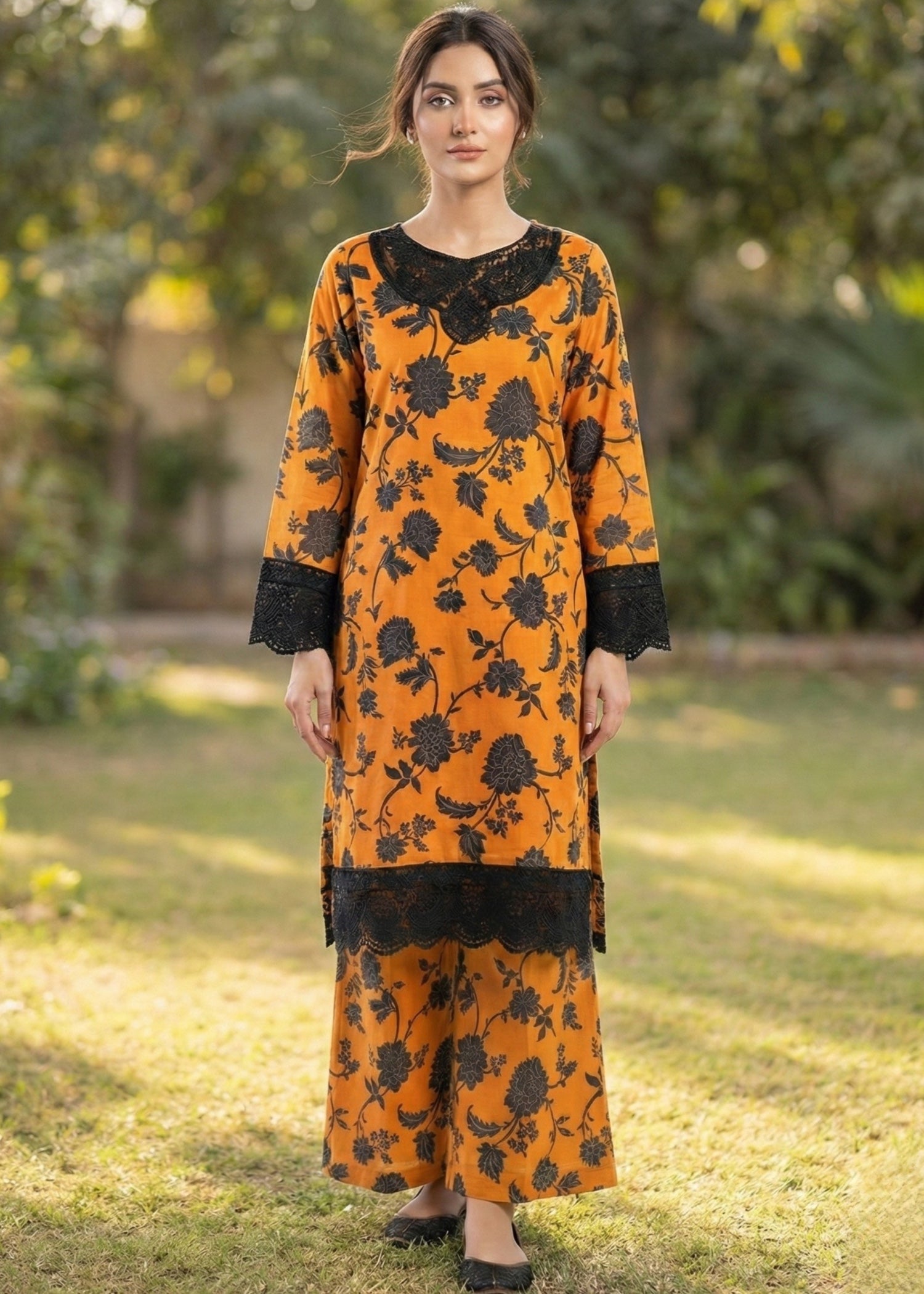 cotton Kurta Set in Black, orange