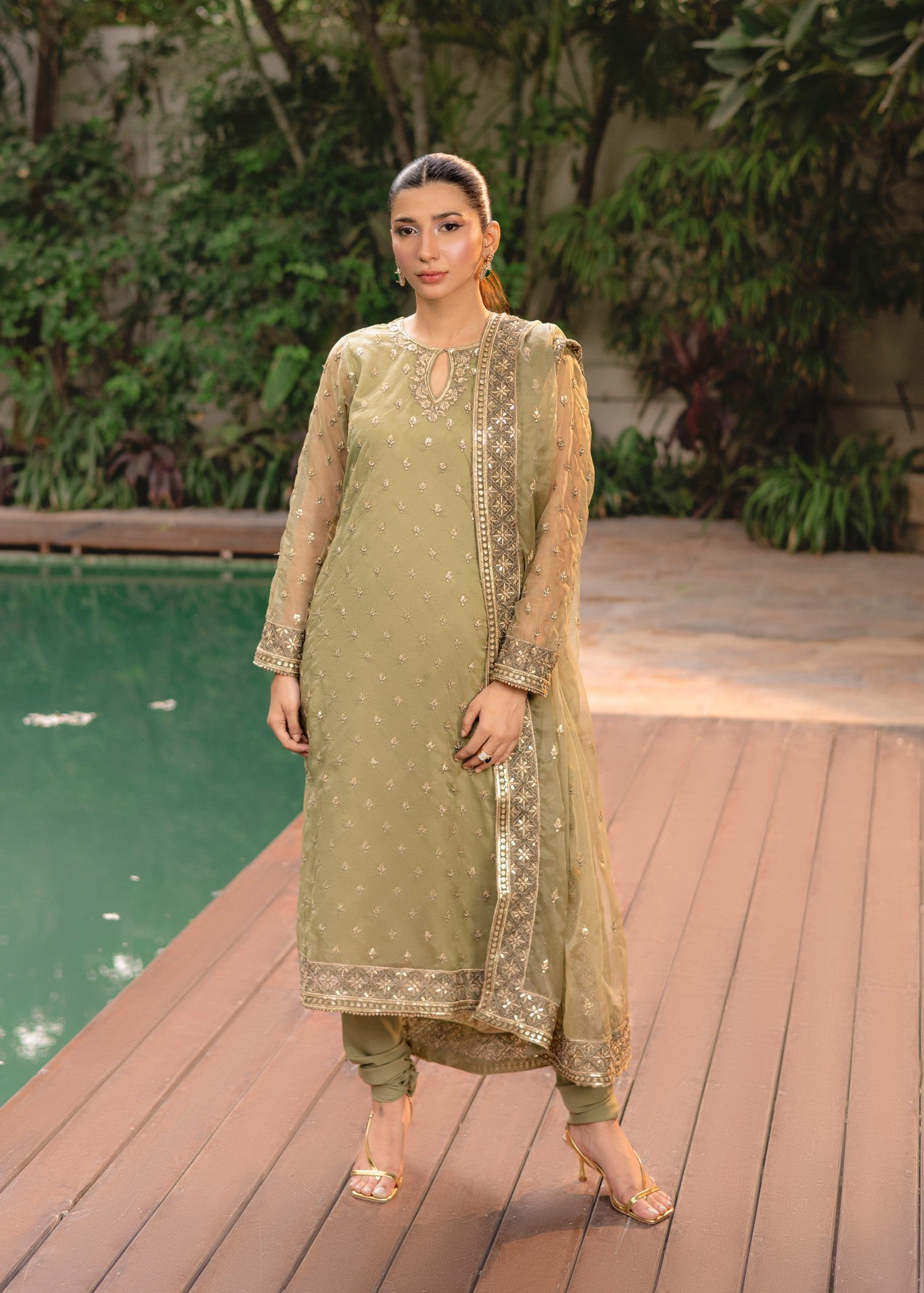 organza Kurta Set in Sage green
