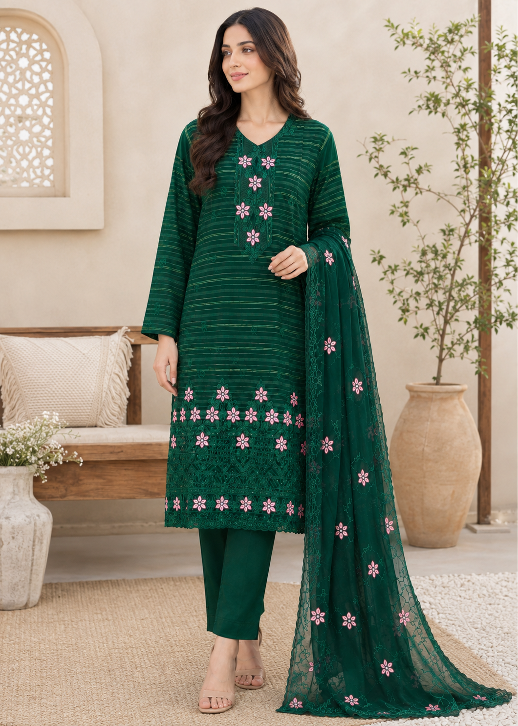 linen Kurta Set in Forest green