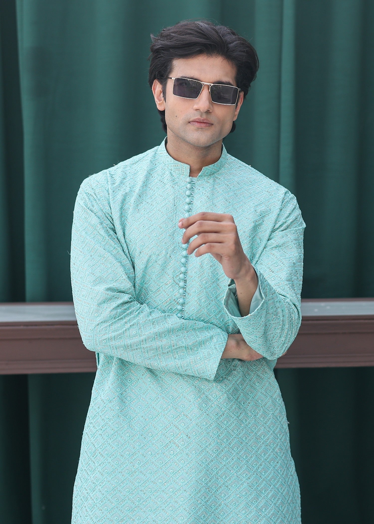 raw silk Kurta Set in Aquamarine