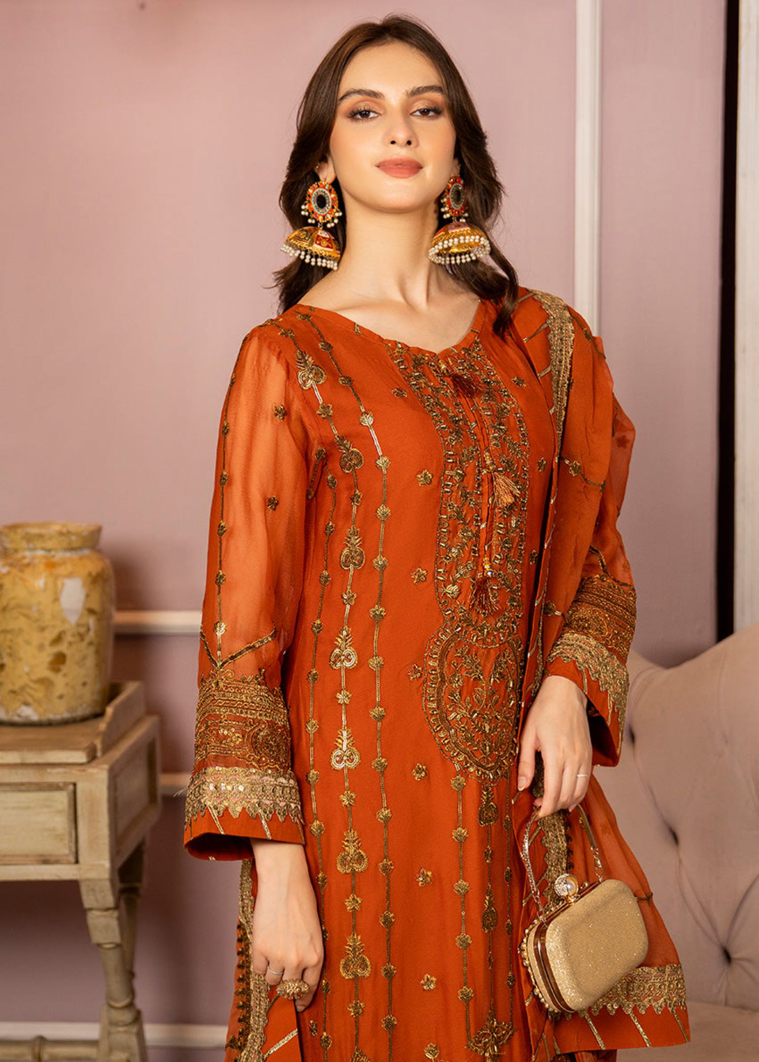 chiffon Kurta Set in Rust orange