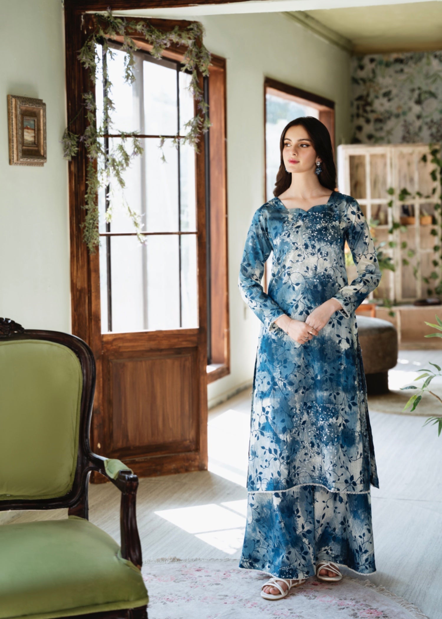 lawn Sharara in Antique white, powder blue