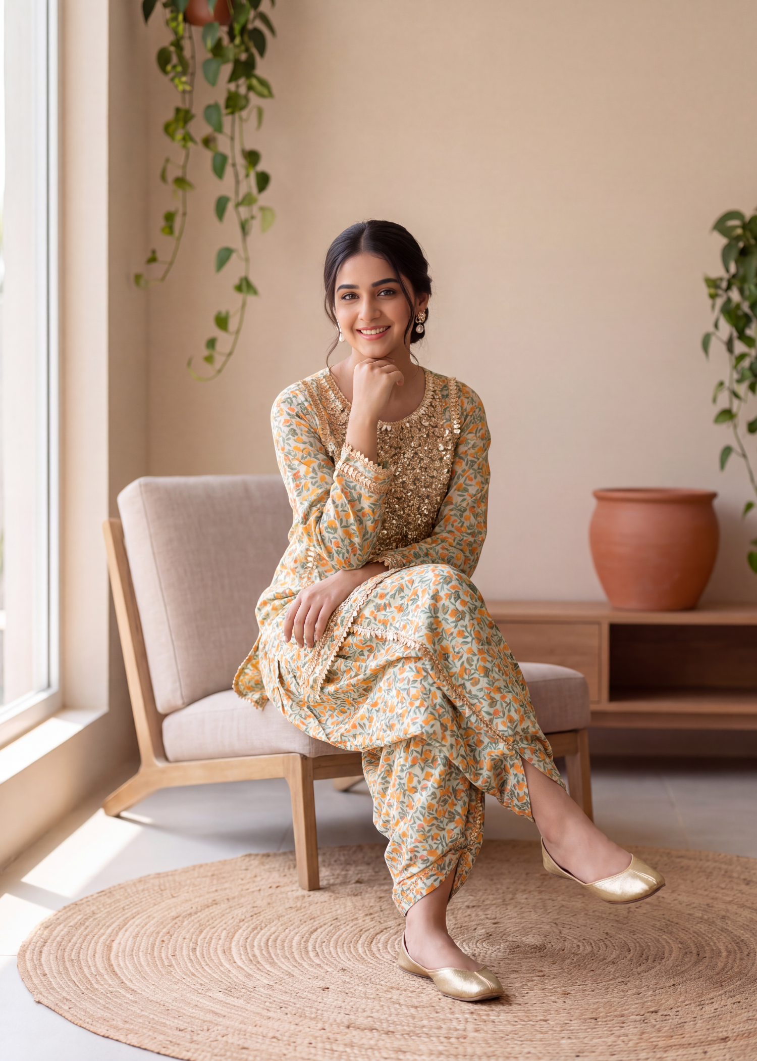 lawn Co Ord Sets in Tan brown, chili orange