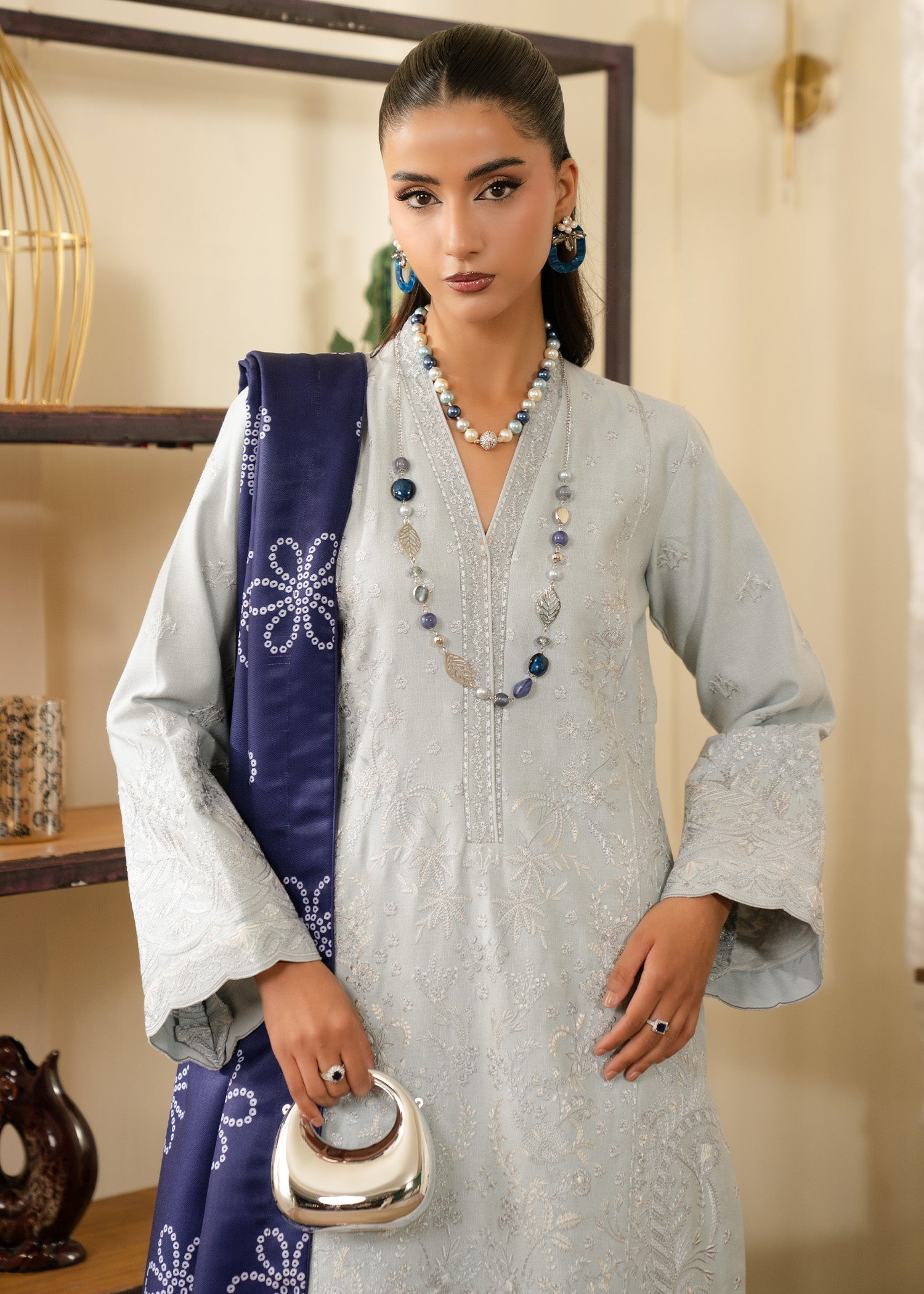 karandi Kurta Set in Ash grey, navy blue