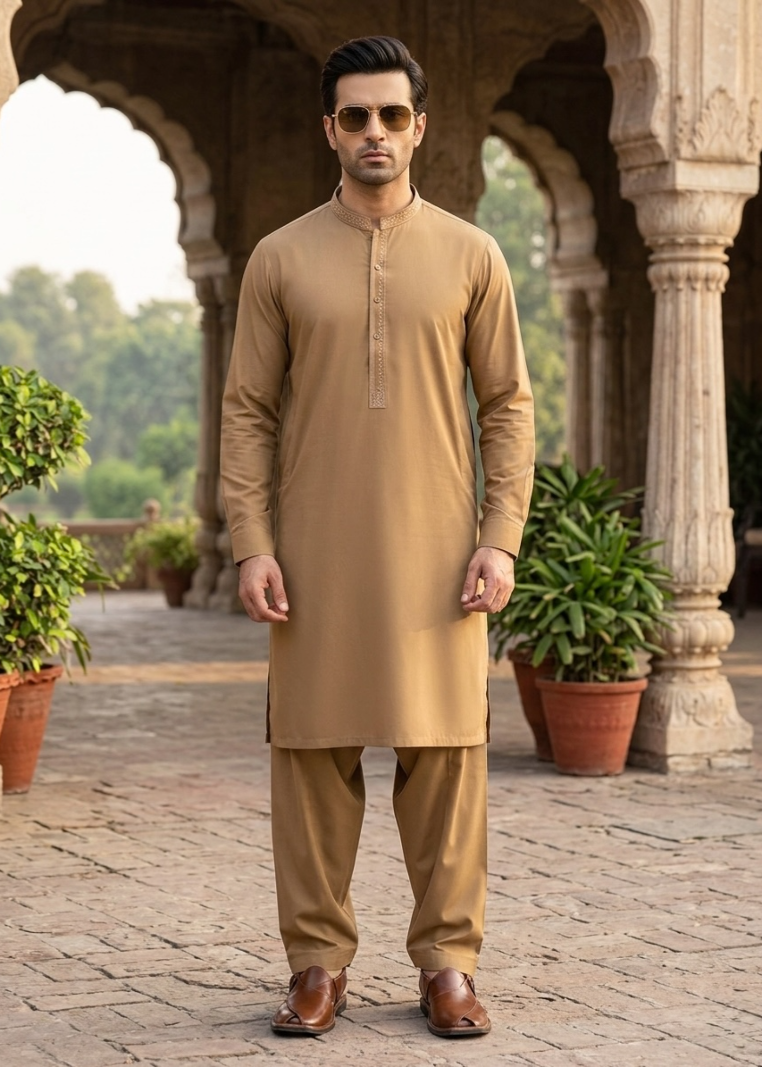 wash & wear Shalwar Kameez in Camel brown